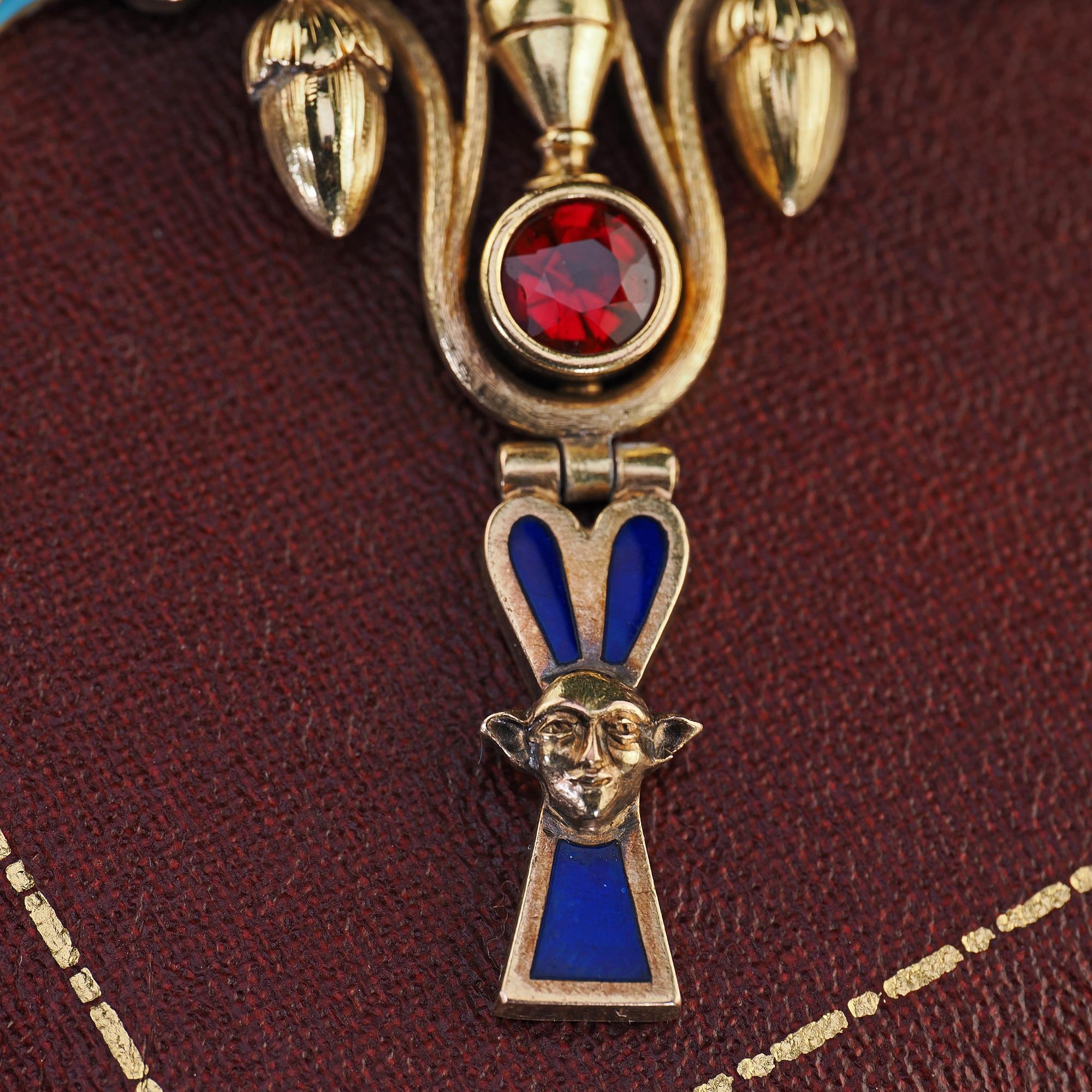 Antique Art Deco Egyptian Revival 18K Yellow Gold Opal Diamond Garnet Pendant For Sale 7