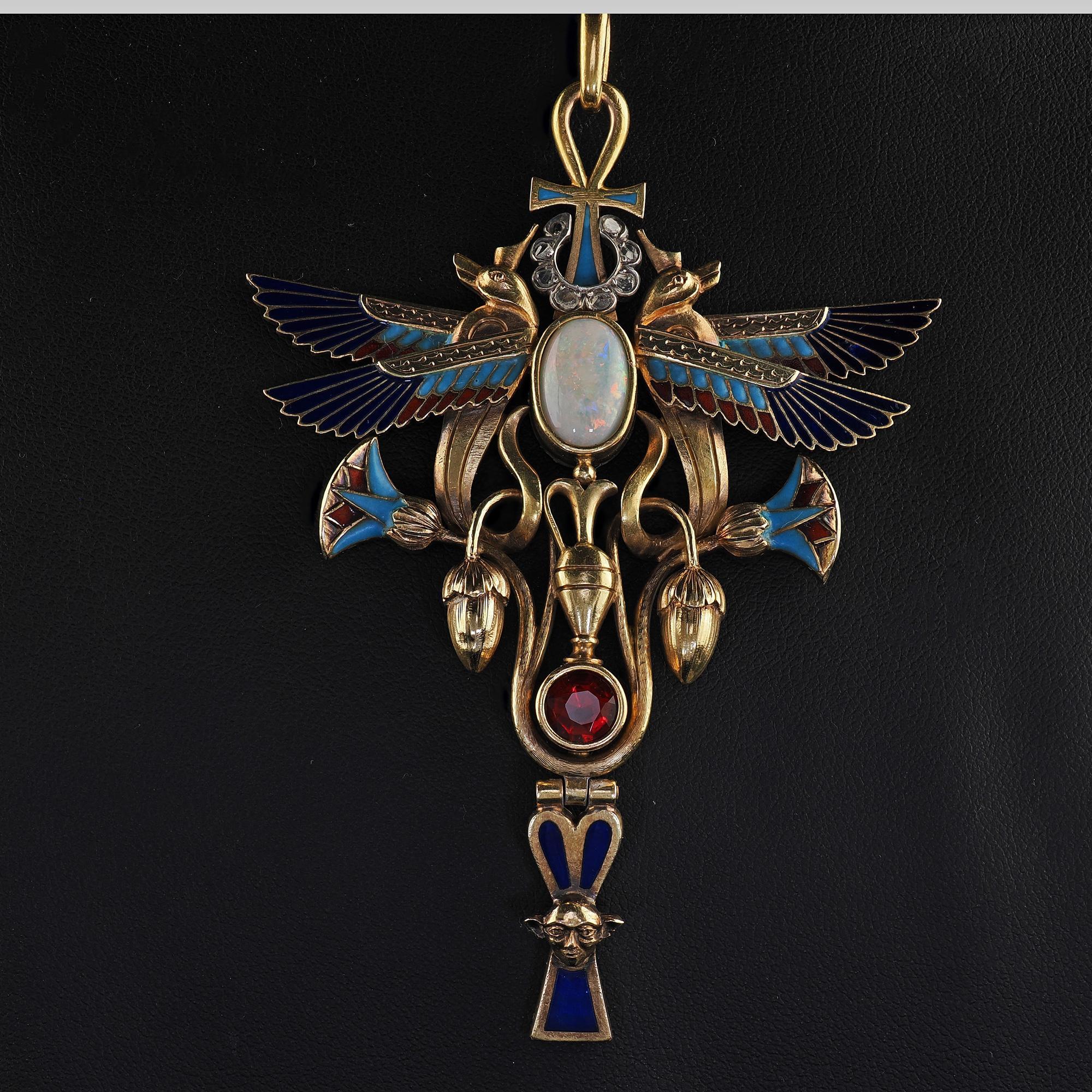 Antique Art Deco Egyptian Revival 18K Yellow Gold Opal Diamond Garnet Pendant For Sale 9