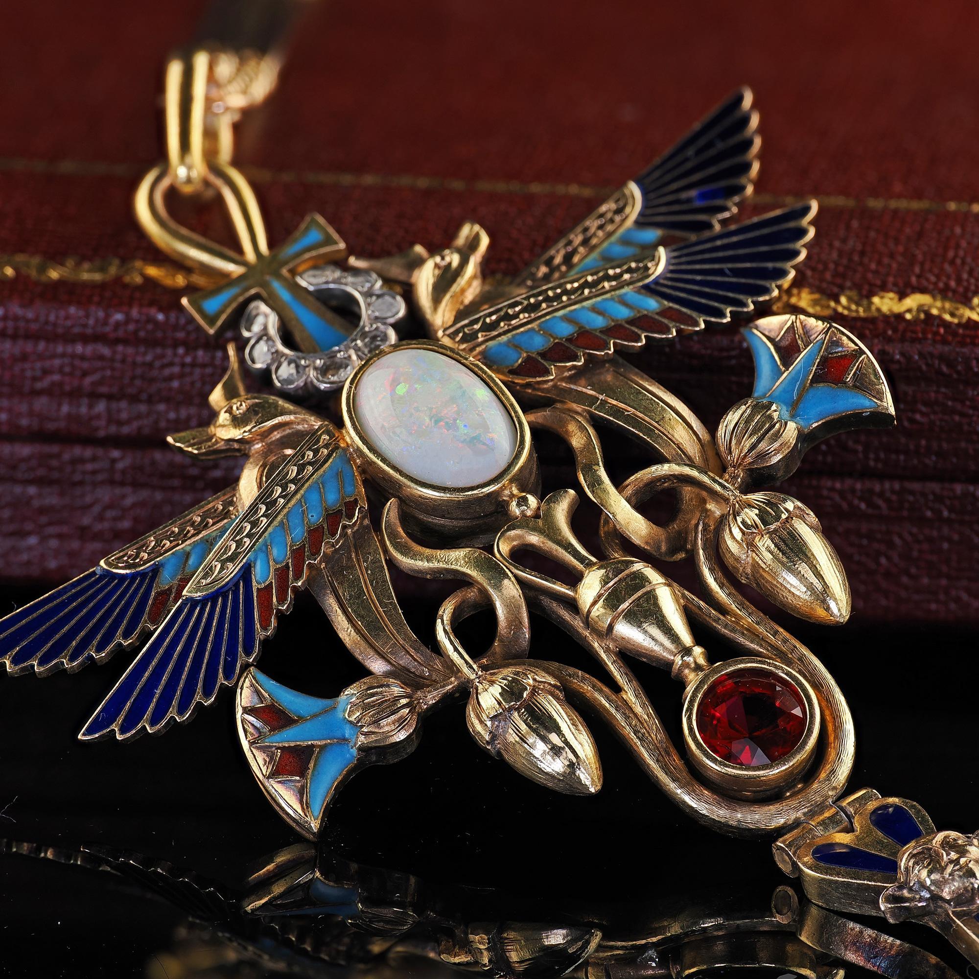 Cabochon Antique Art Deco Egyptian Revival 18K Yellow Gold Opal Diamond Garnet Pendant For Sale