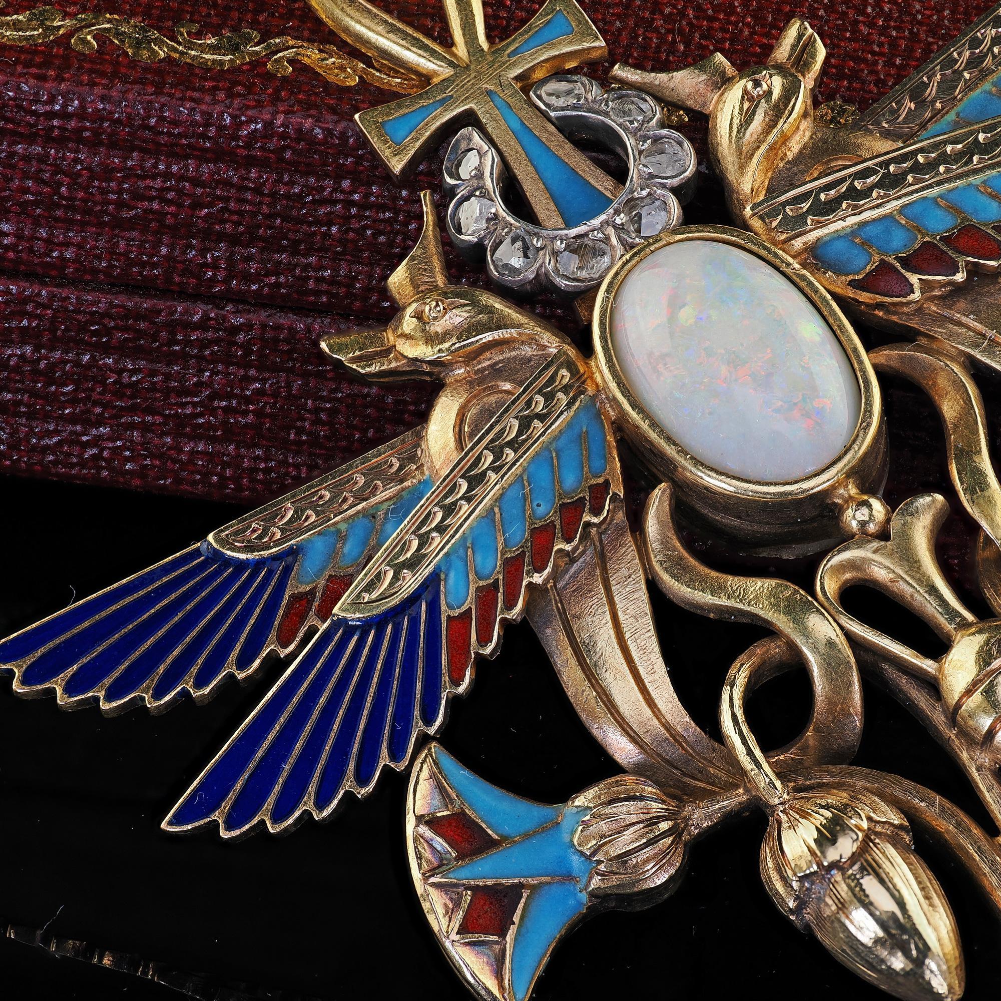 Antique Art Deco Egyptian Revival 18K Yellow Gold Opal Diamond Garnet Pendant In Good Condition For Sale In Great Neck, NY