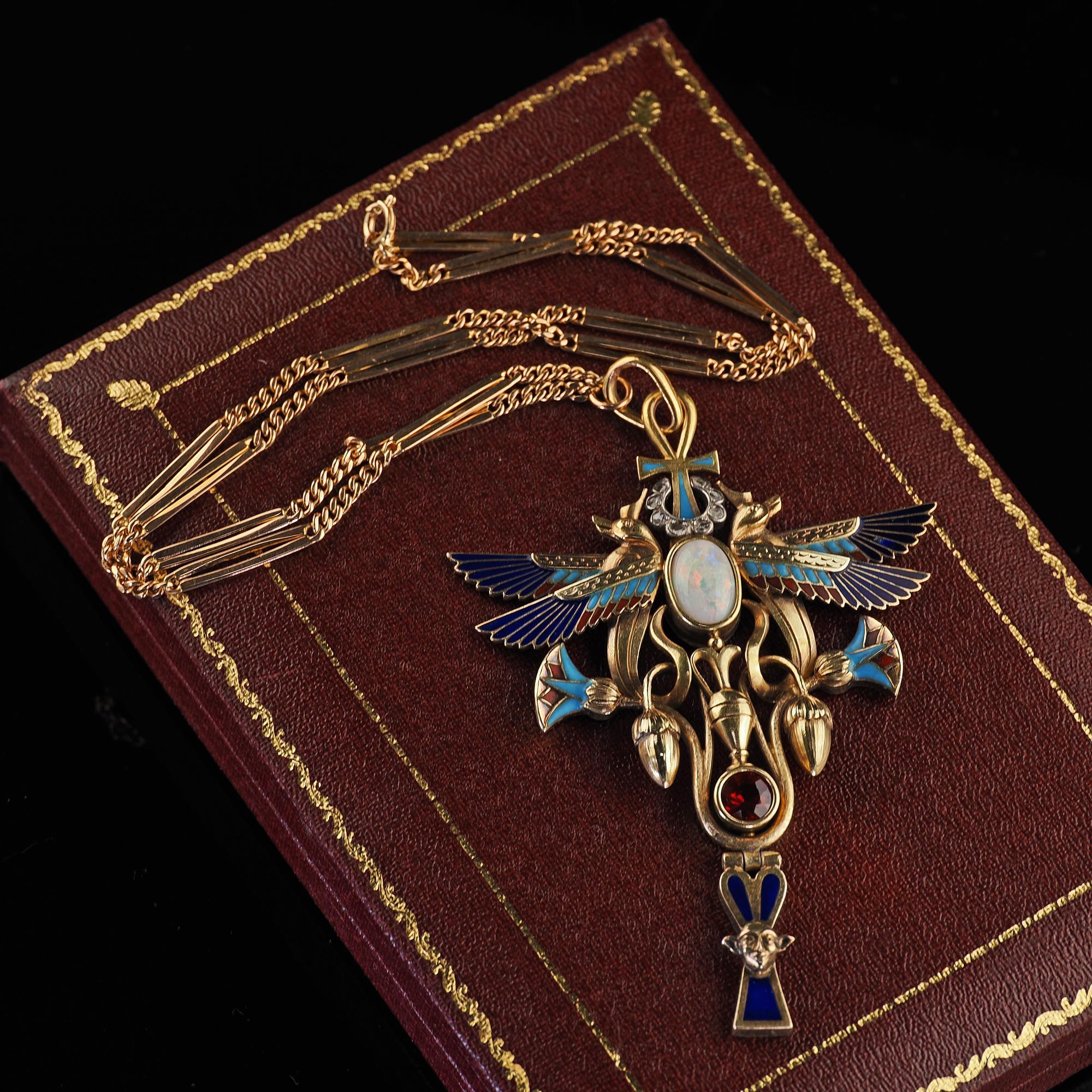 Antique Art Deco Egyptian Revival 18K Yellow Gold Opal Diamond Garnet Pendant For Sale 2