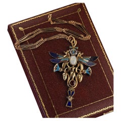 Antique Art Deco Egyptian Revival 18K Yellow Gold Opal Diamond Garnet Pendant