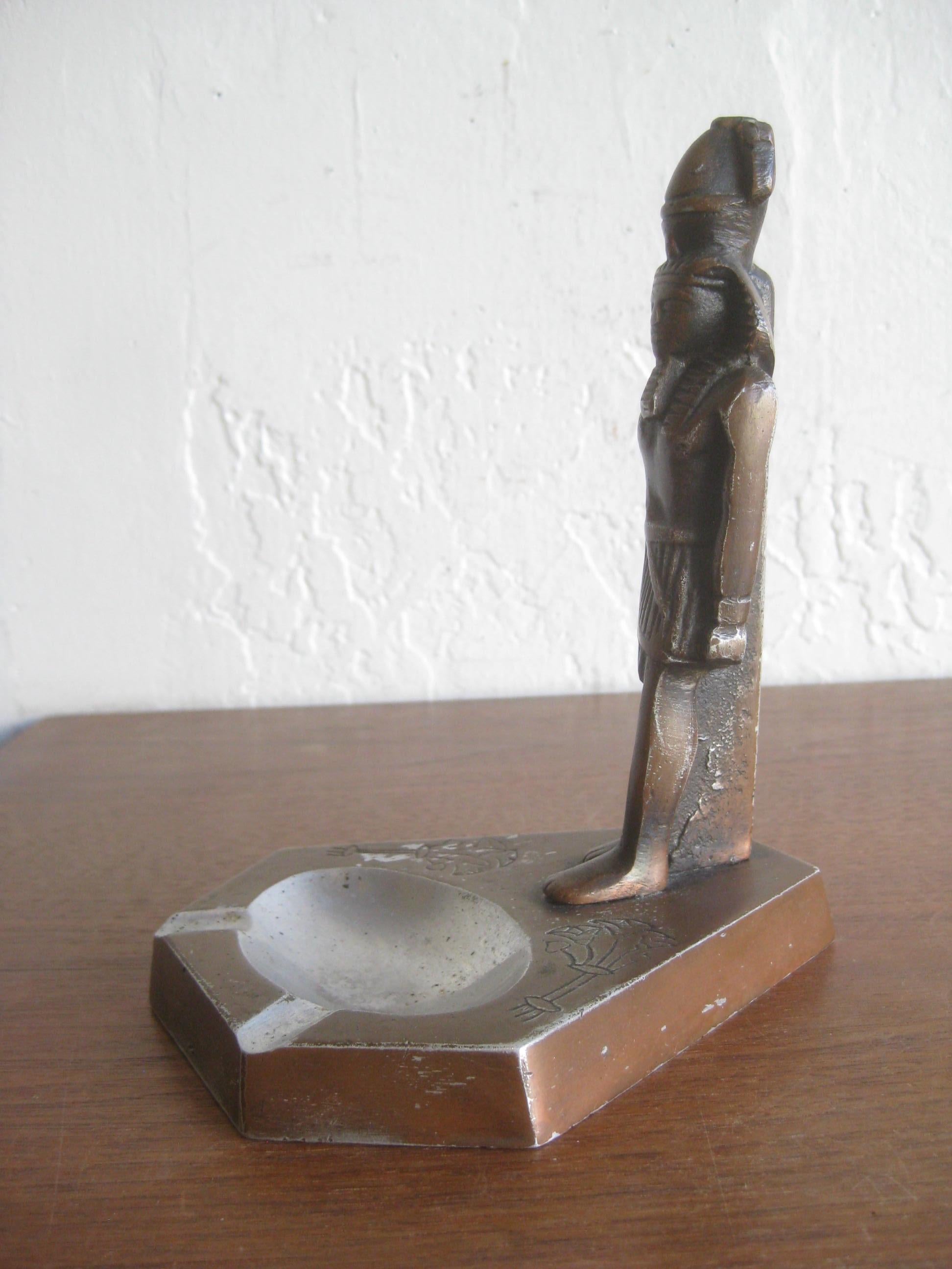 Antique Art Deco Egyptian Revival Pharaoh Figural Aluminum Statue Ashtray In Good Condition In San Diego, CA