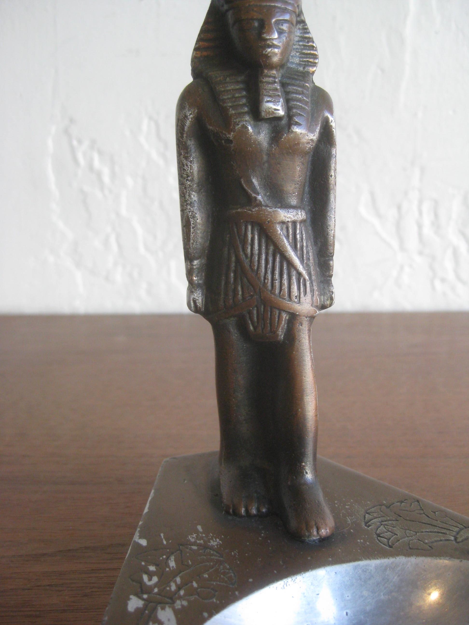 Antique Art Deco Egyptian Revival Pharaoh Figural Aluminum Statue Ashtray 1