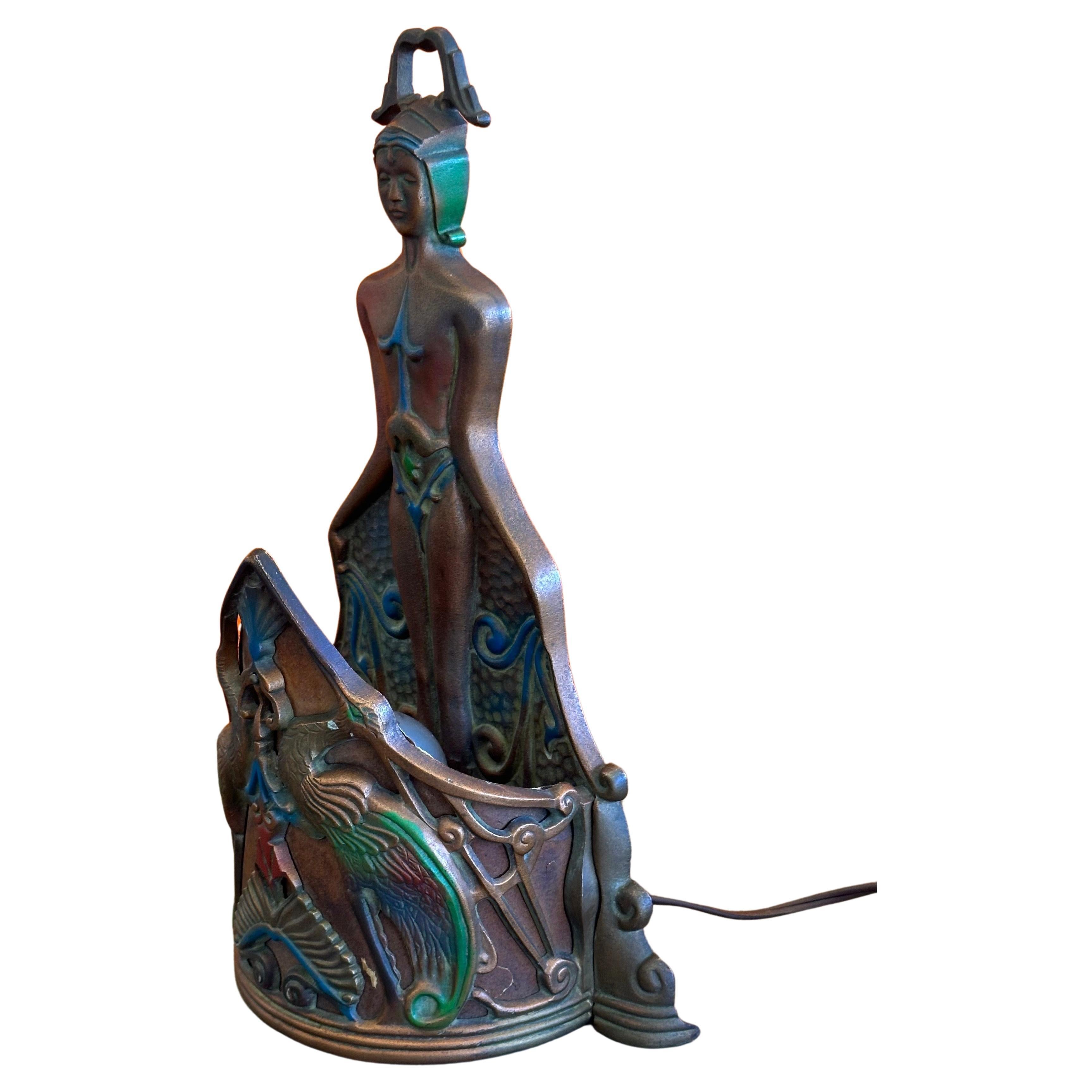 American Antique Art Deco Egyptian Revival Style Bronze Table Lamp by Reiser Lamp Co. For Sale