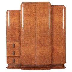 Antique Art Deco Elm Wood Mirror Armoire Cabinet, 1940s