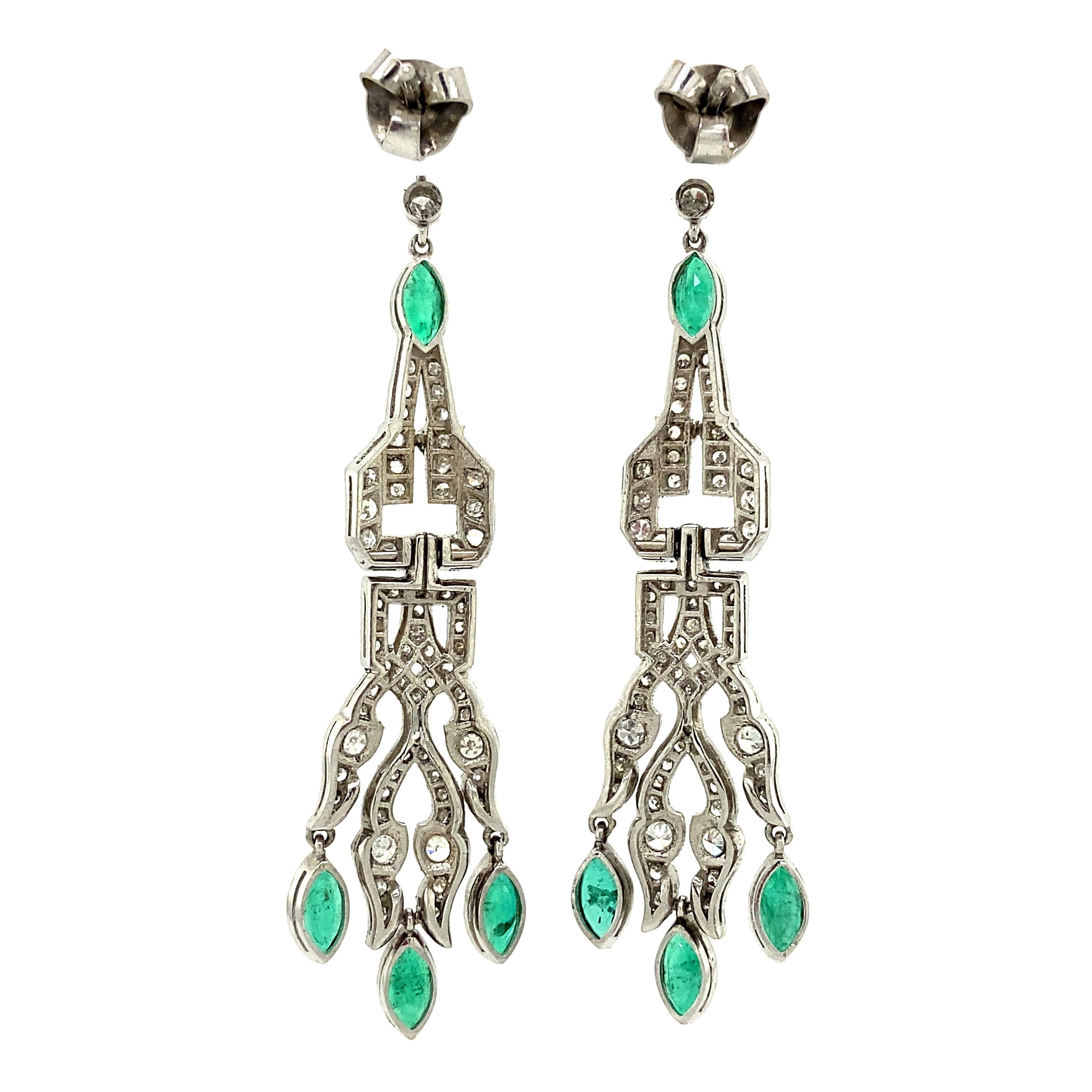 Marquise Cut Antique Art Deco Emerald & 1.04 ctw Diamond Platinum Shoulder Duster Earrings For Sale