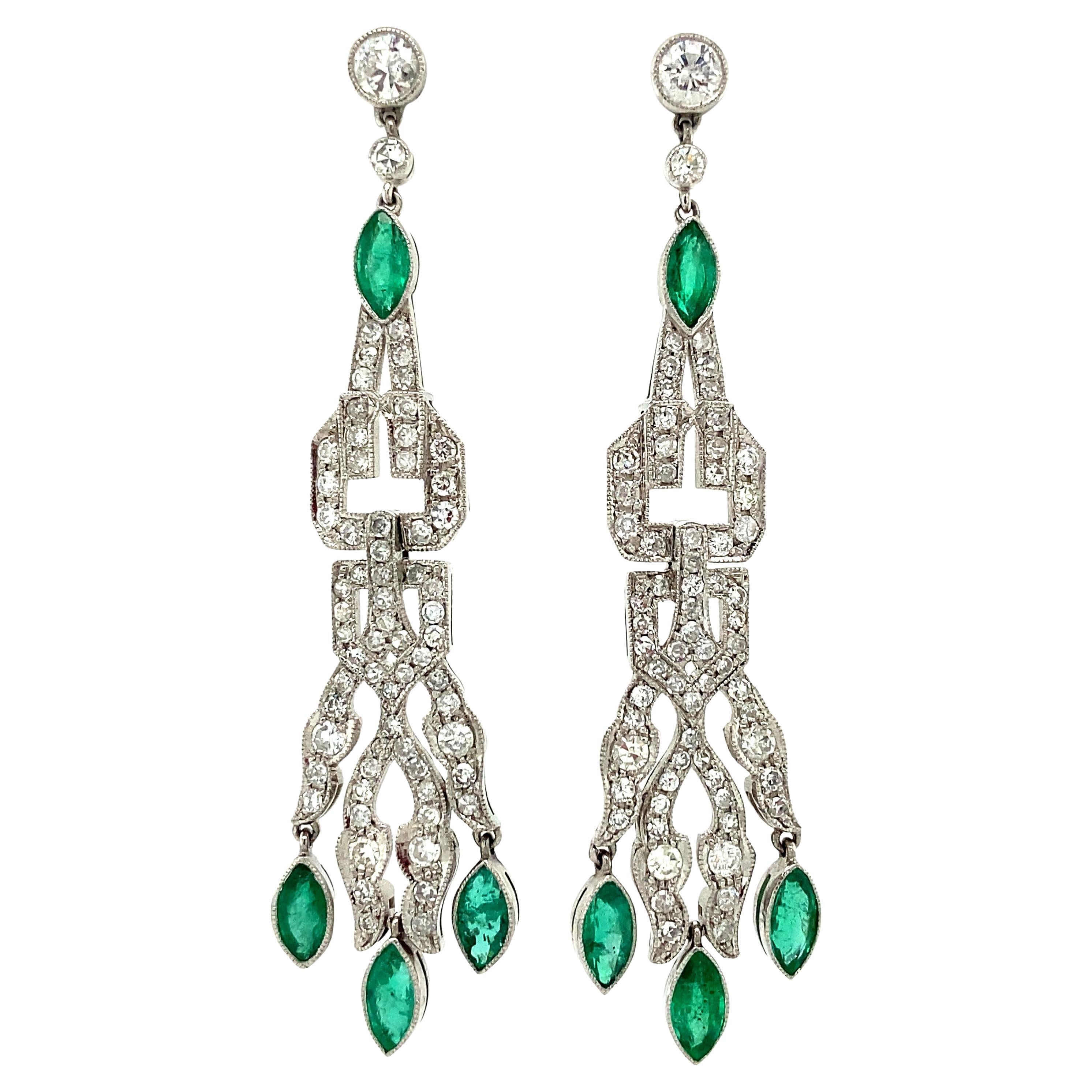 Antique Art Deco Emerald & 1.04 ctw Diamond Platinum Shoulder Duster Earrings For Sale