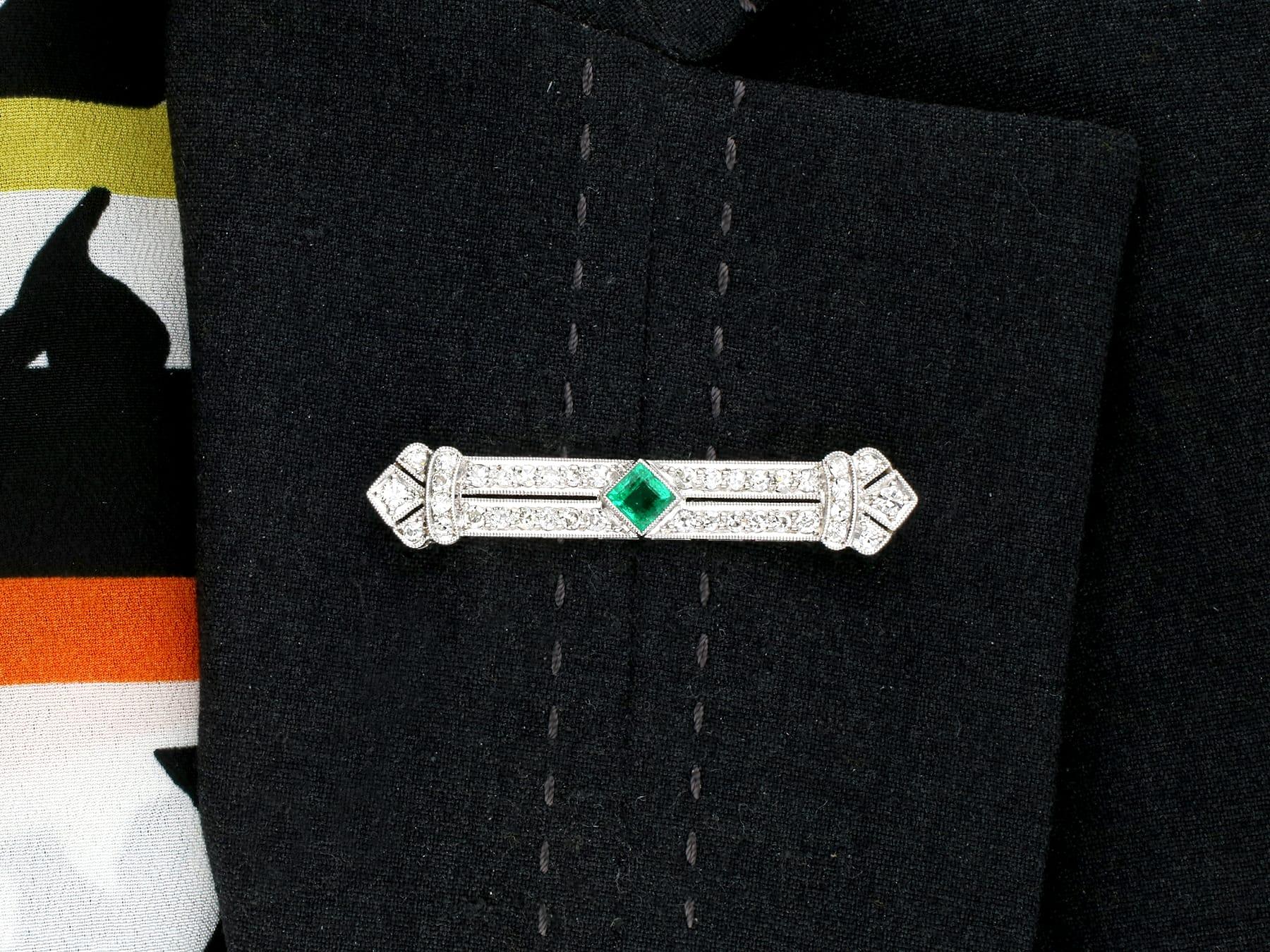 Antique Art Deco Emerald and 1.29 Carat Diamond Platinum Brooch For Sale 8
