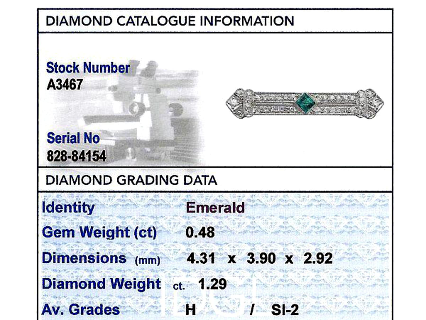 Antique Art Deco Emerald and 1.29 Carat Diamond Platinum Brooch For Sale 7
