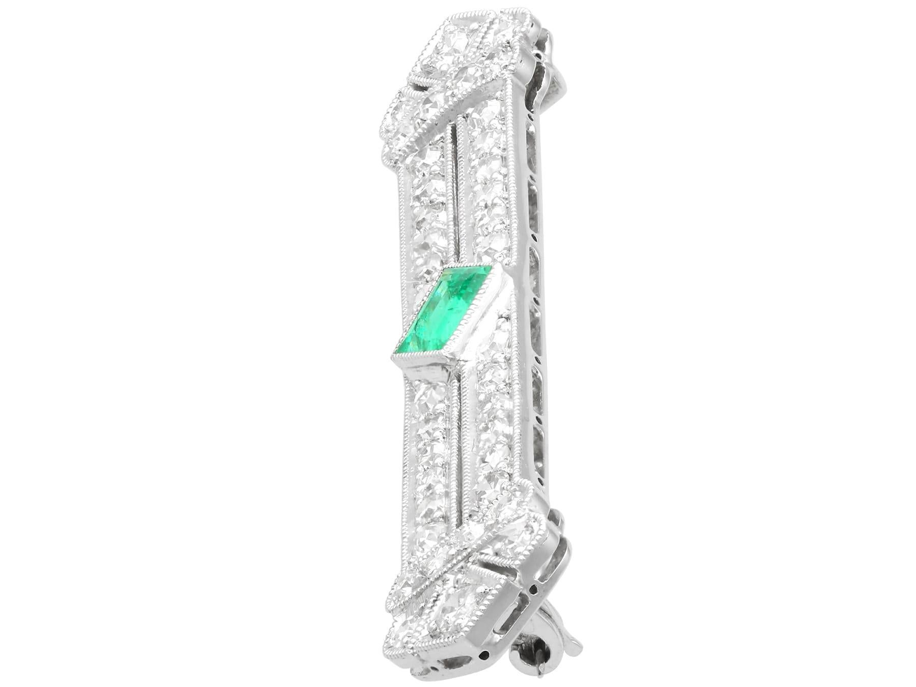 Emerald Cut Antique Art Deco Emerald and 1.29 Carat Diamond Platinum Brooch For Sale