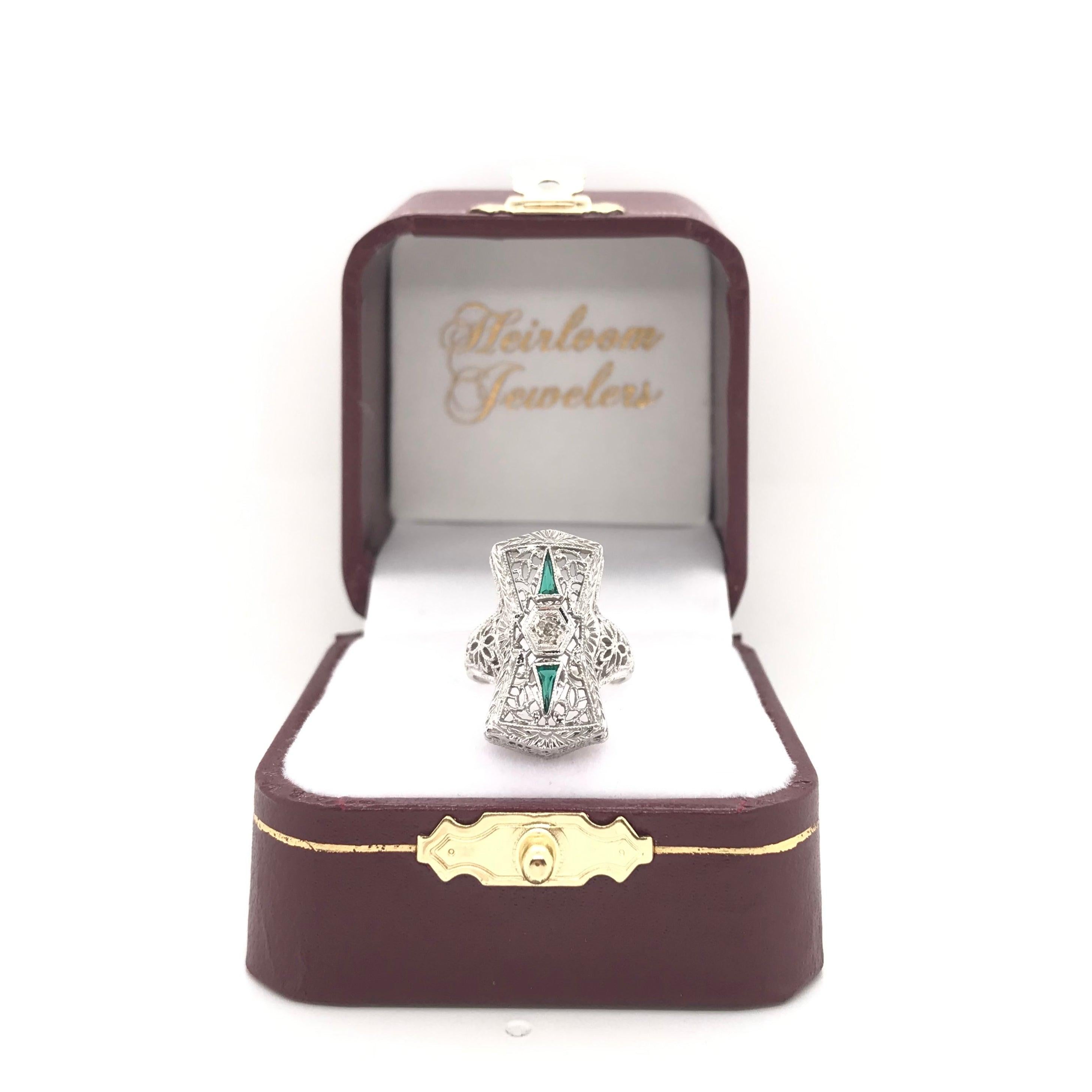 Antique Art Deco Emerald and Diamond Filigree Ring 11