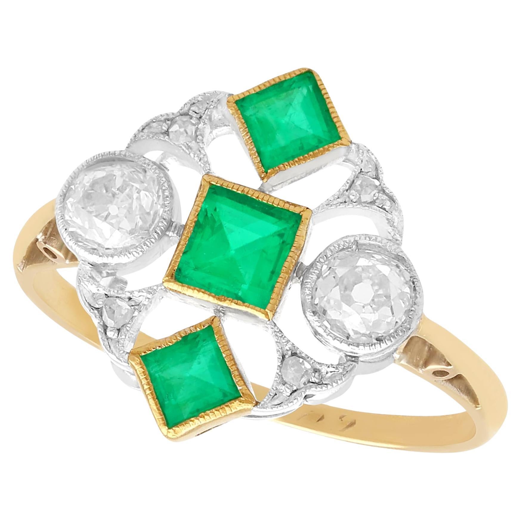 Antique Art Deco Emerald and Diamond Yellow Gold Cocktail Ring, circa 1920 For Sale