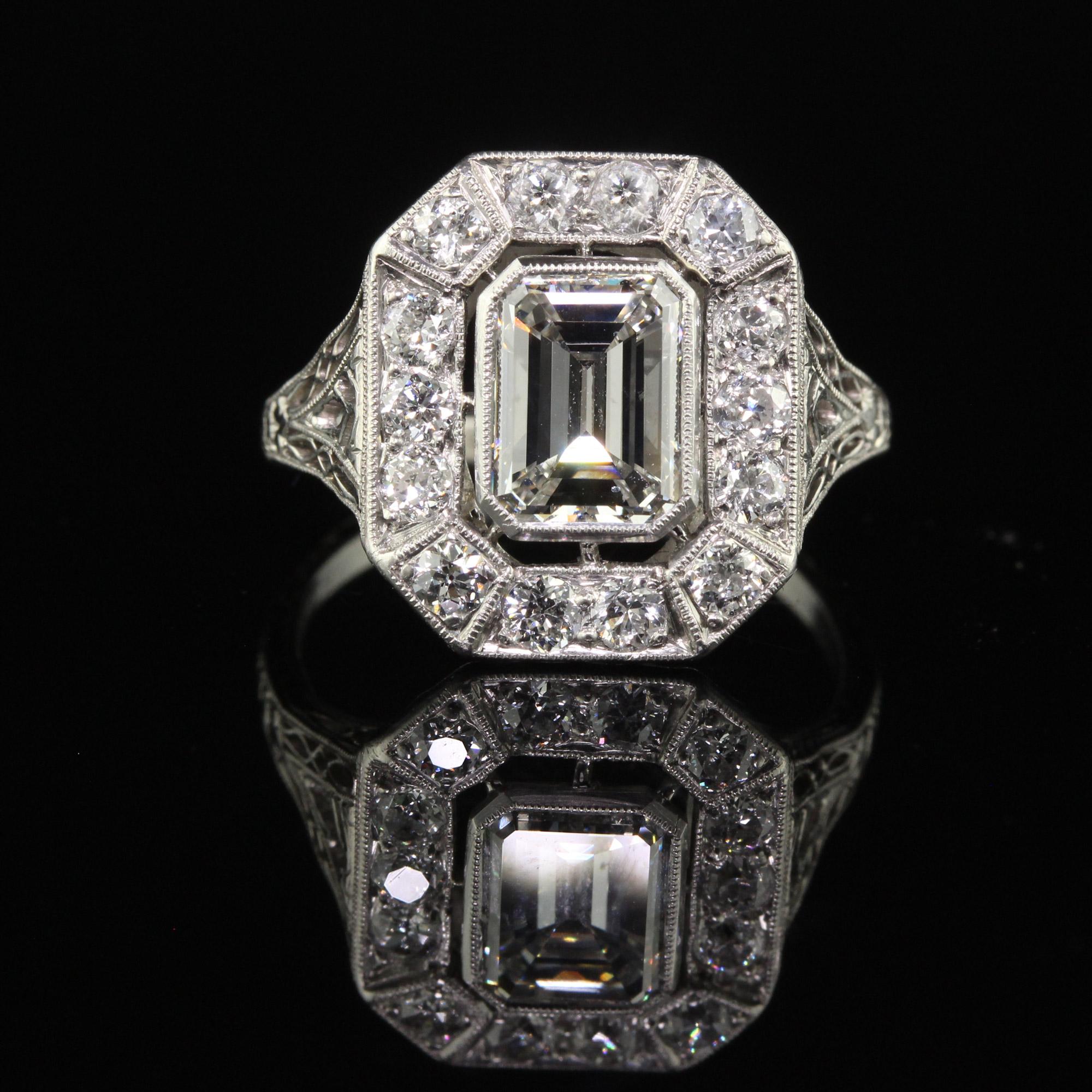 Antique Art Deco Emerald Cut Diamond Filigree Engagement Ring - GIA For Sale 1