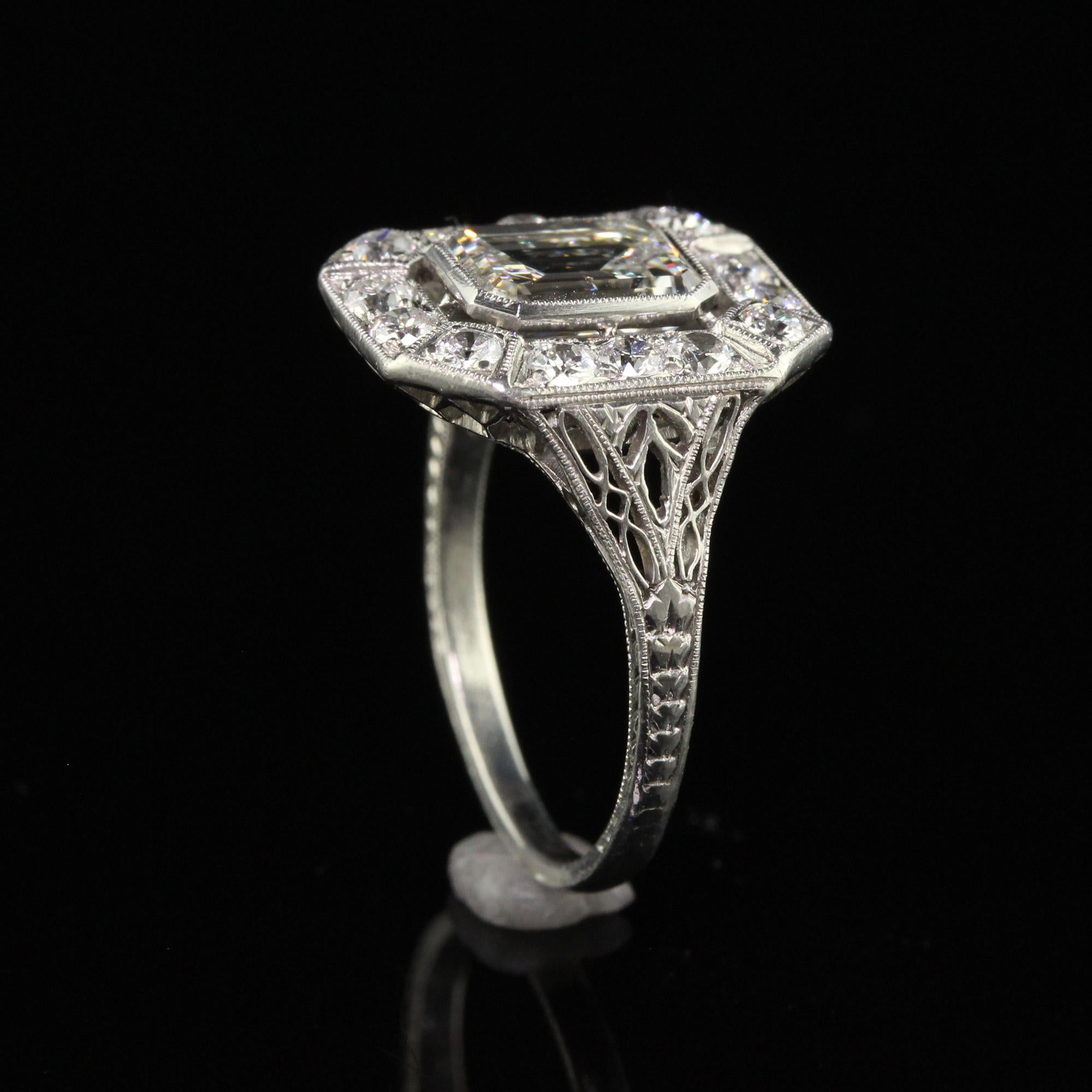 Antique Art Deco Emerald Cut Diamond Filigree Engagement Ring - GIA For Sale 3