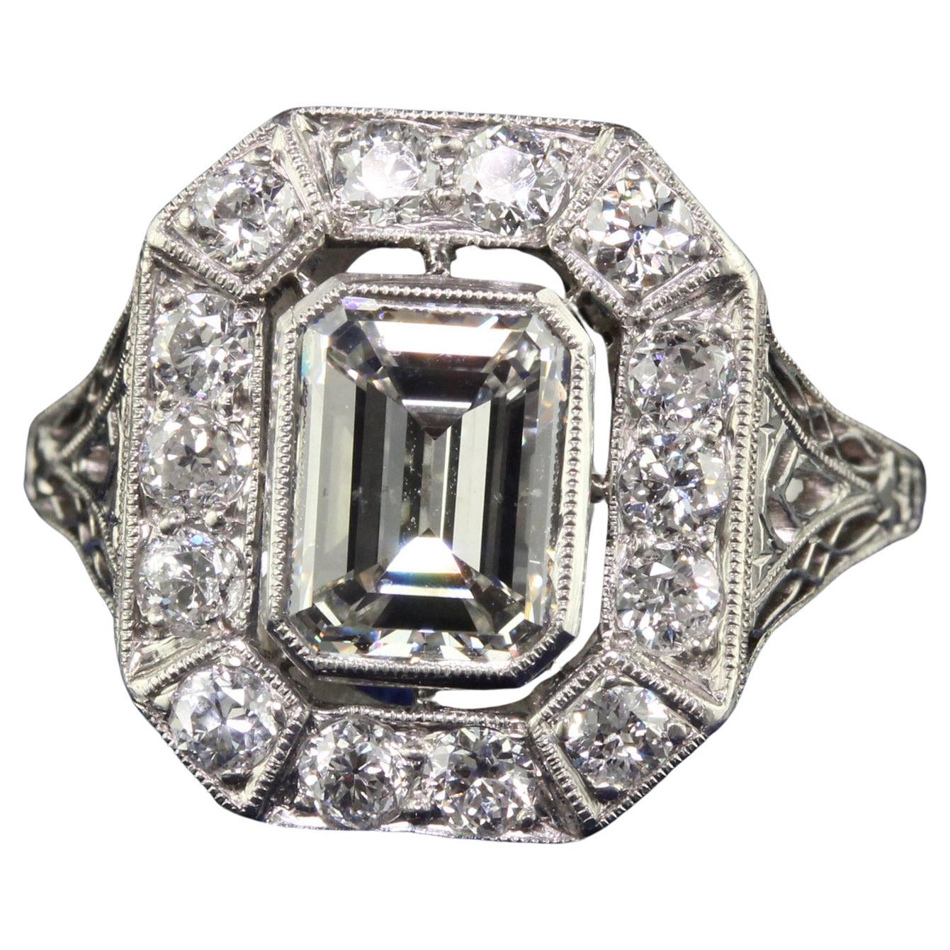 Antique Art Deco Emerald Cut Diamond Filigree Engagement Ring - GIA For Sale