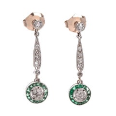 Antique Art Deco Emerald Diamond Dangle Drop Earrings