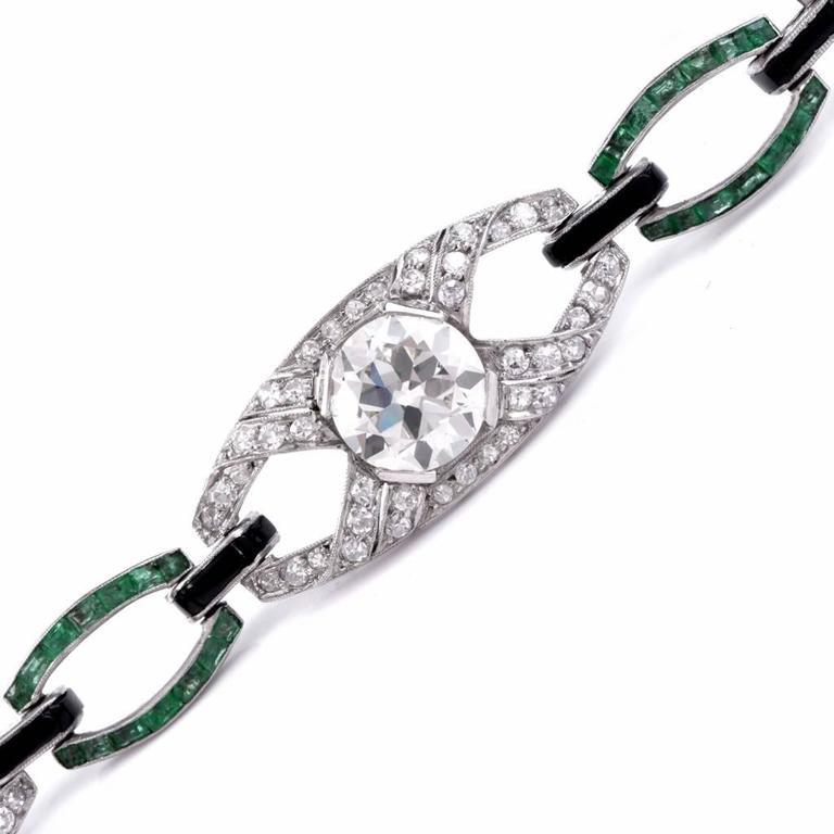 Antikes, offenes Art-Déco-Gliederarmband aus Platin mit Smaragd und Diamant (Art déco) im Angebot