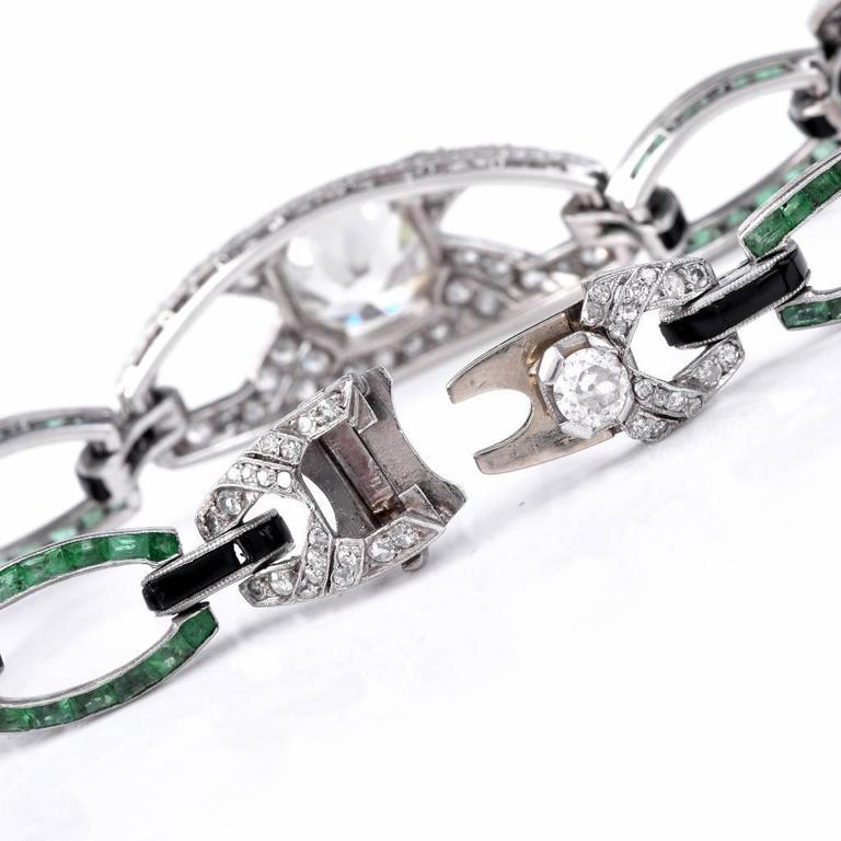 Antique Art Deco Emerald Diamond Platinum Open Link Bracelet In Excellent Condition For Sale In Miami, FL