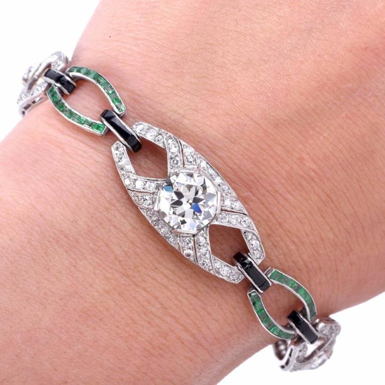 Women's Antique Art Deco Emerald Diamond Platinum Open Link Bracelet For Sale