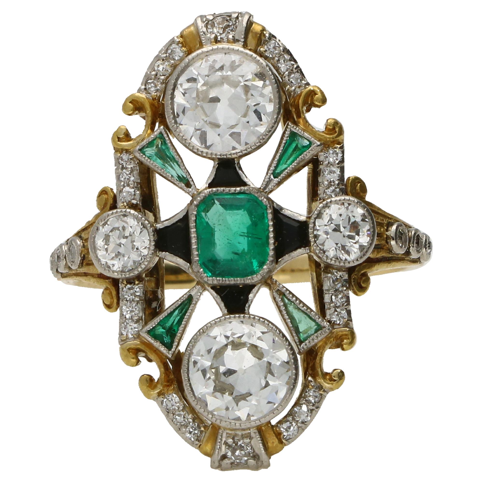 Bague Art déco ancienne en or 18 carats et platine, émeraude, onyx et diamants taille ancienne en vente 2