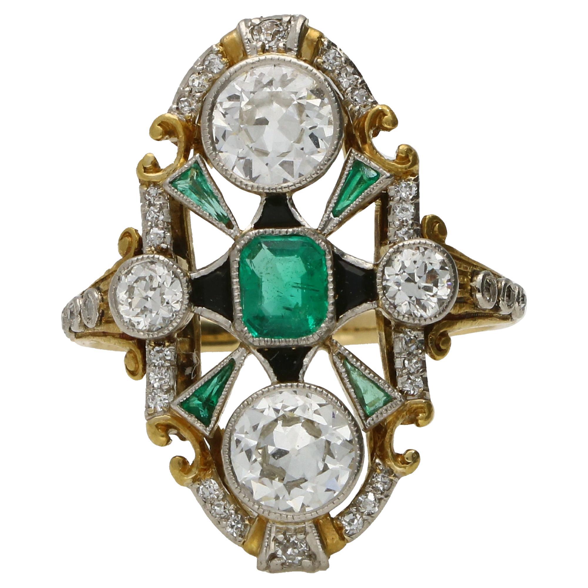 Antique Art Deco Emerald, Onyx and Old Cut Diamond Ring in 18k Gold and Platinum