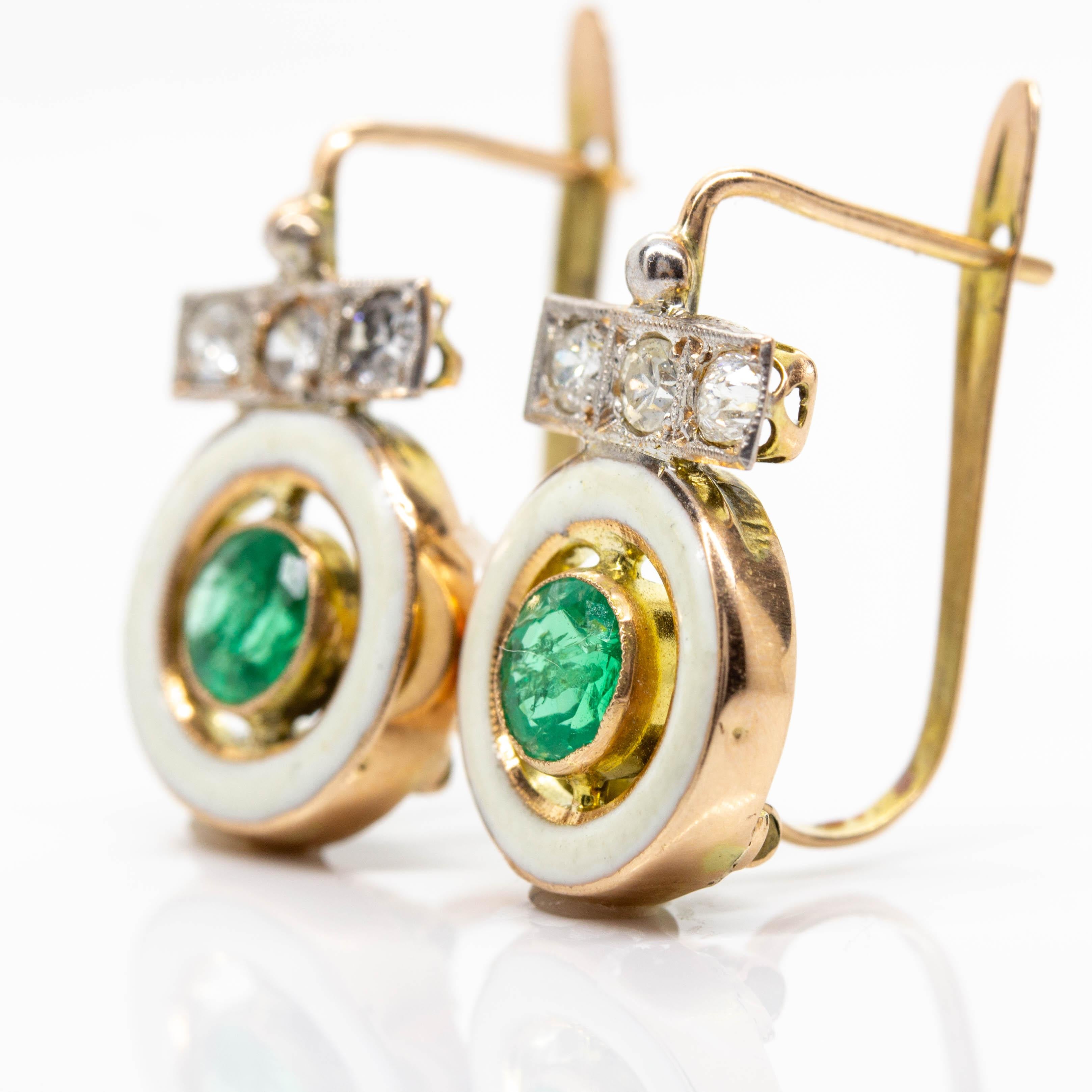 Round Cut Art Deco Style Enamel, Diamond and Emerald Earrings For Sale