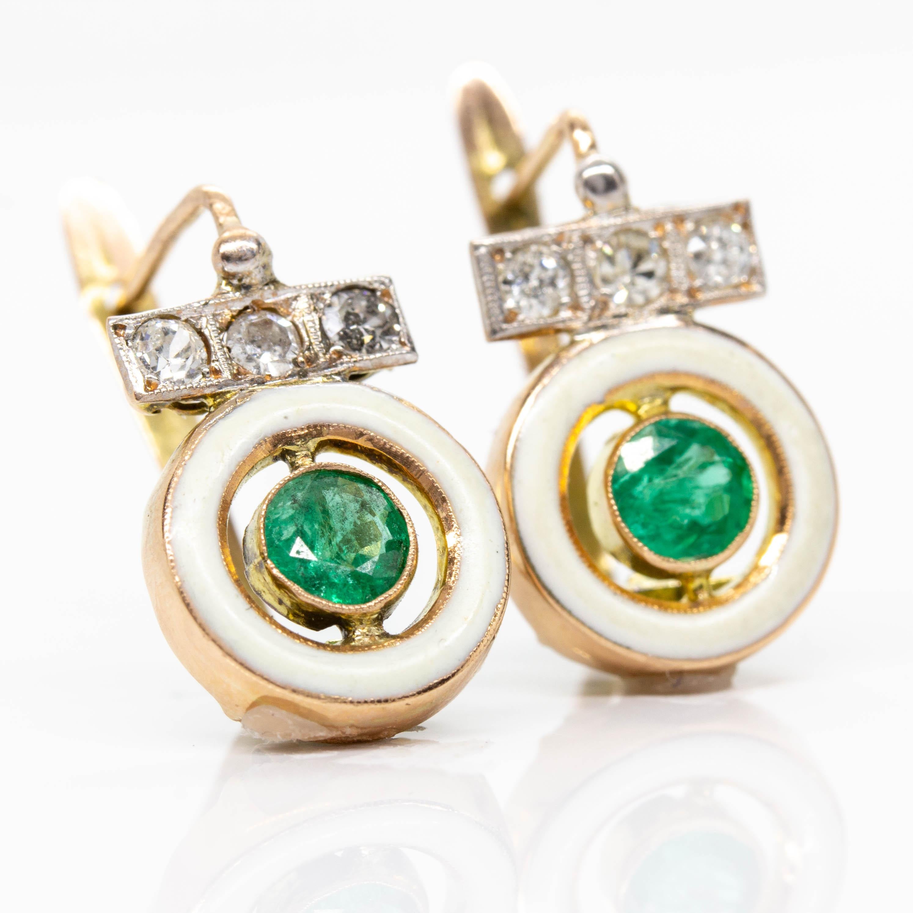Women's or Men's Art Deco Style Enamel, Diamond and Emerald Earrings For Sale
