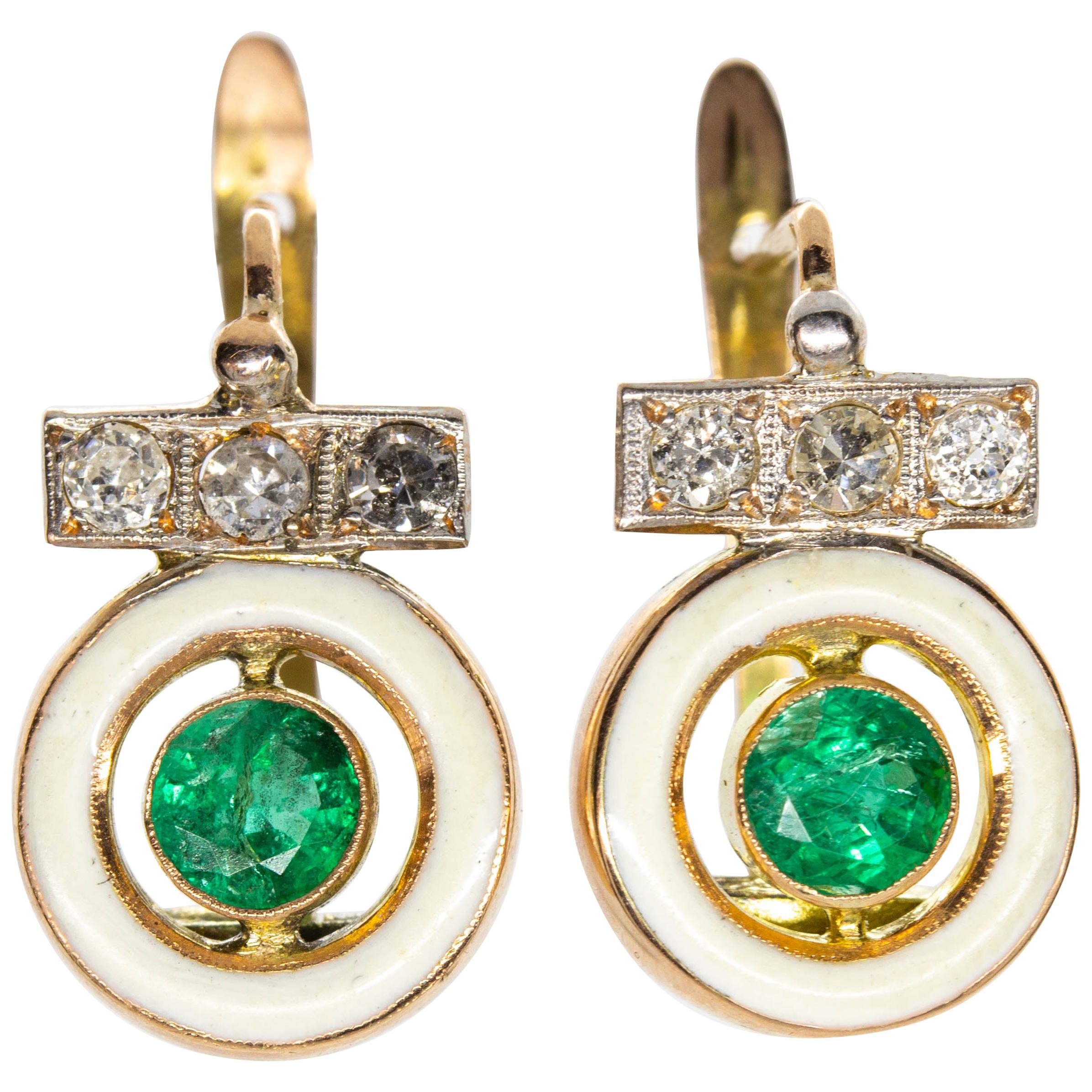 Art Deco Style Enamel, Diamond and Emerald Earrings For Sale