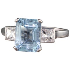 Antique Art Deco English 18K White Gold French Cut Diamond and Aquamarine Engage