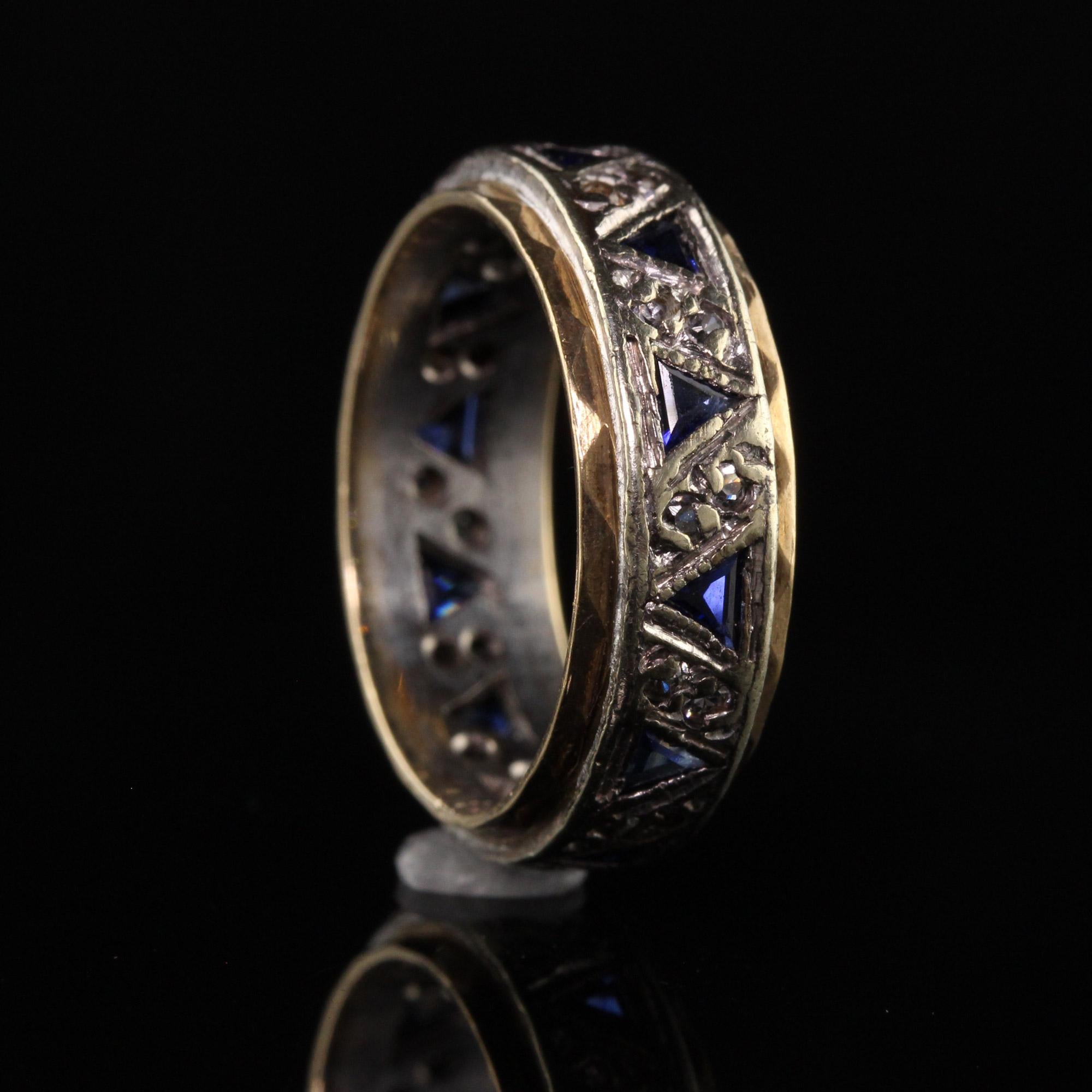 Trapezoid Cut Antique Art Deco English 9K Yellow and White Gold Sapphire Diamond Band For Sale