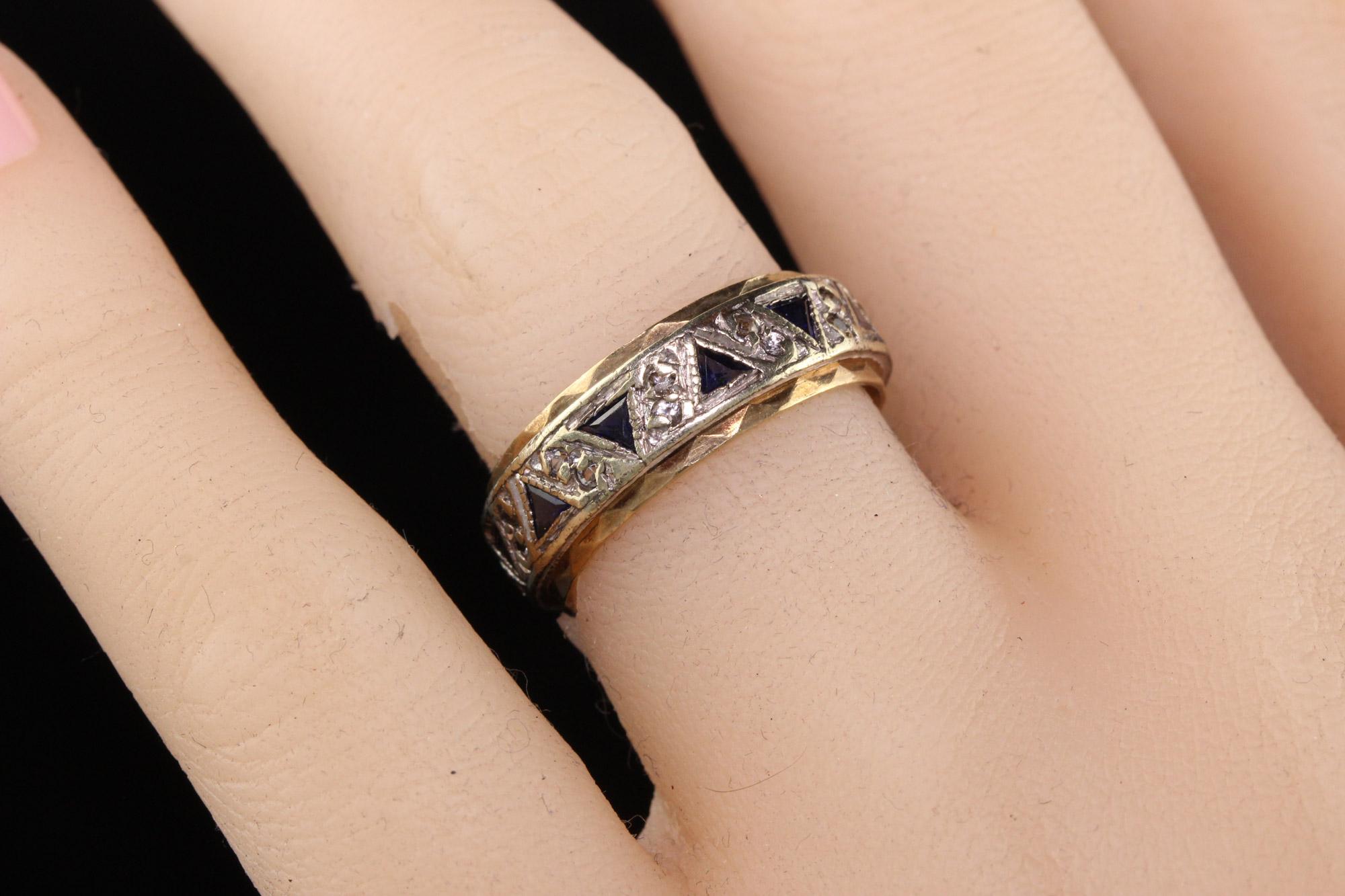Antique Art Deco English 9K Yellow and White Gold Sapphire Diamond Band In Good Condition For Sale In Great Neck, NY