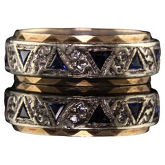 Antique Art Deco English 9K Yellow and White Gold Sapphire Diamond Band
