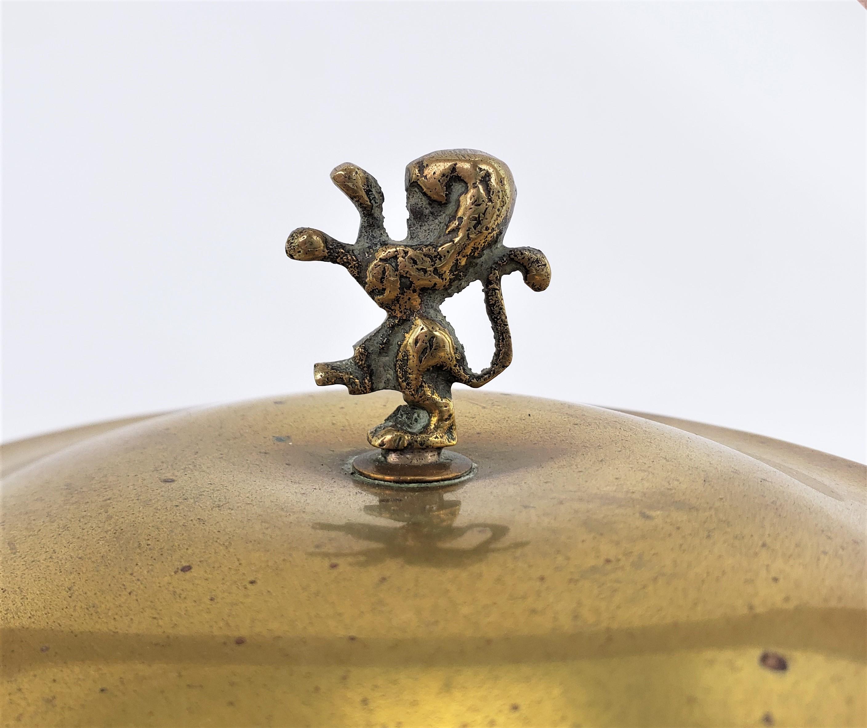 Antique Art Deco English Solid Brass Ice Bucket with Figural Rearing Lion Finial For Sale 1