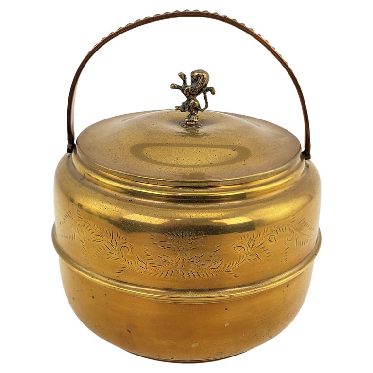 Antique Art Deco English Solid Brass Ice Bucket with Figural Rearing