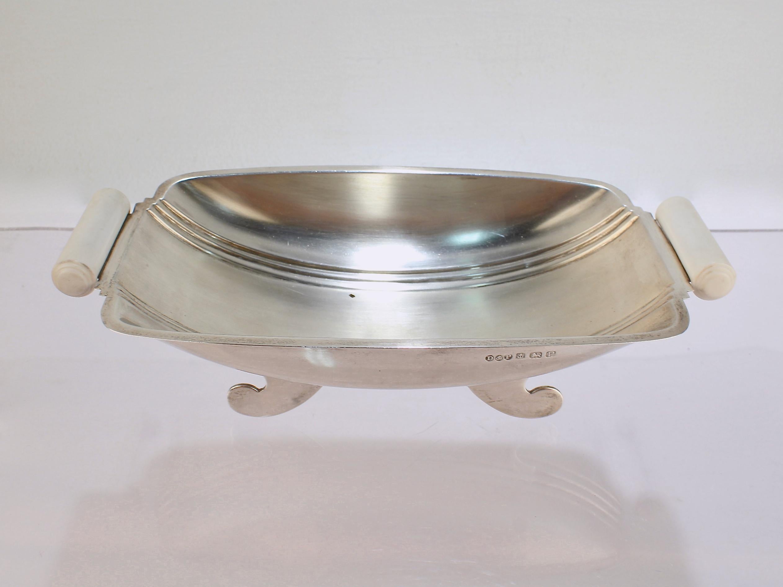 Antique Art Deco English Sterling Silver Footed Bowl with White Handles For Sale 3
