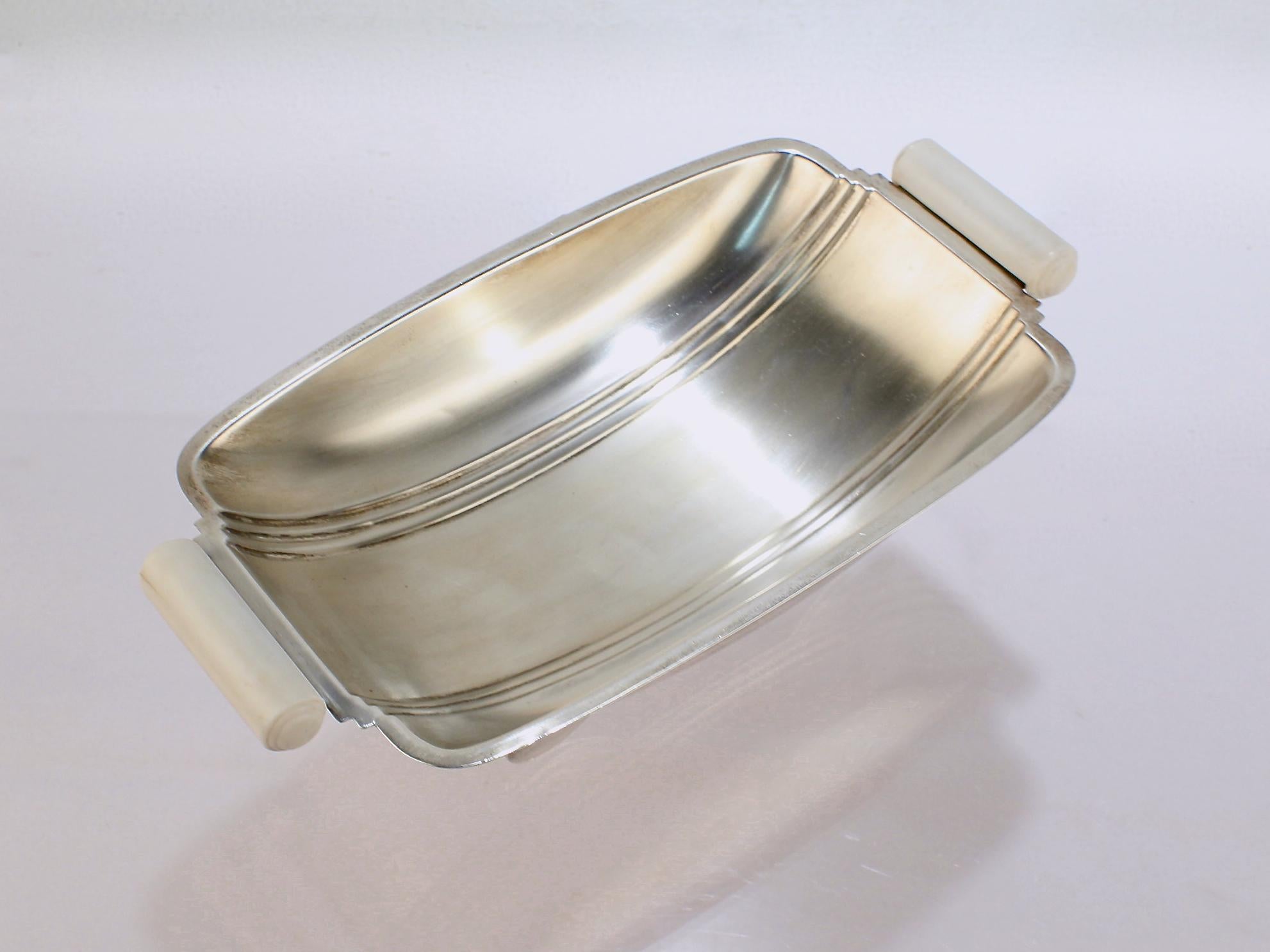 Antique Art Deco English Sterling Silver Footed Bowl with White Handles For Sale 4