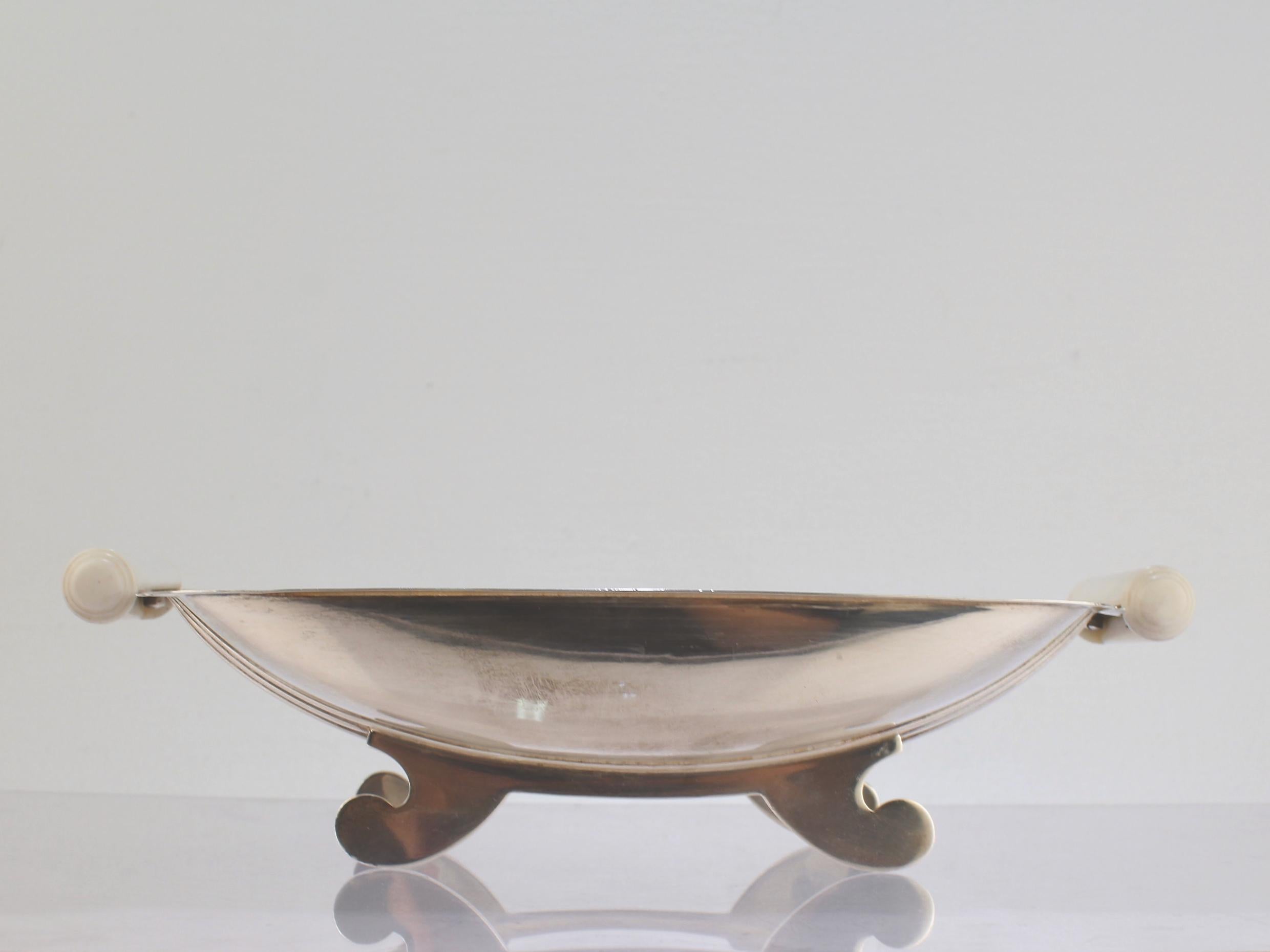 Women's or Men's Antique Art Deco English Sterling Silver Footed Bowl with White Handles For Sale