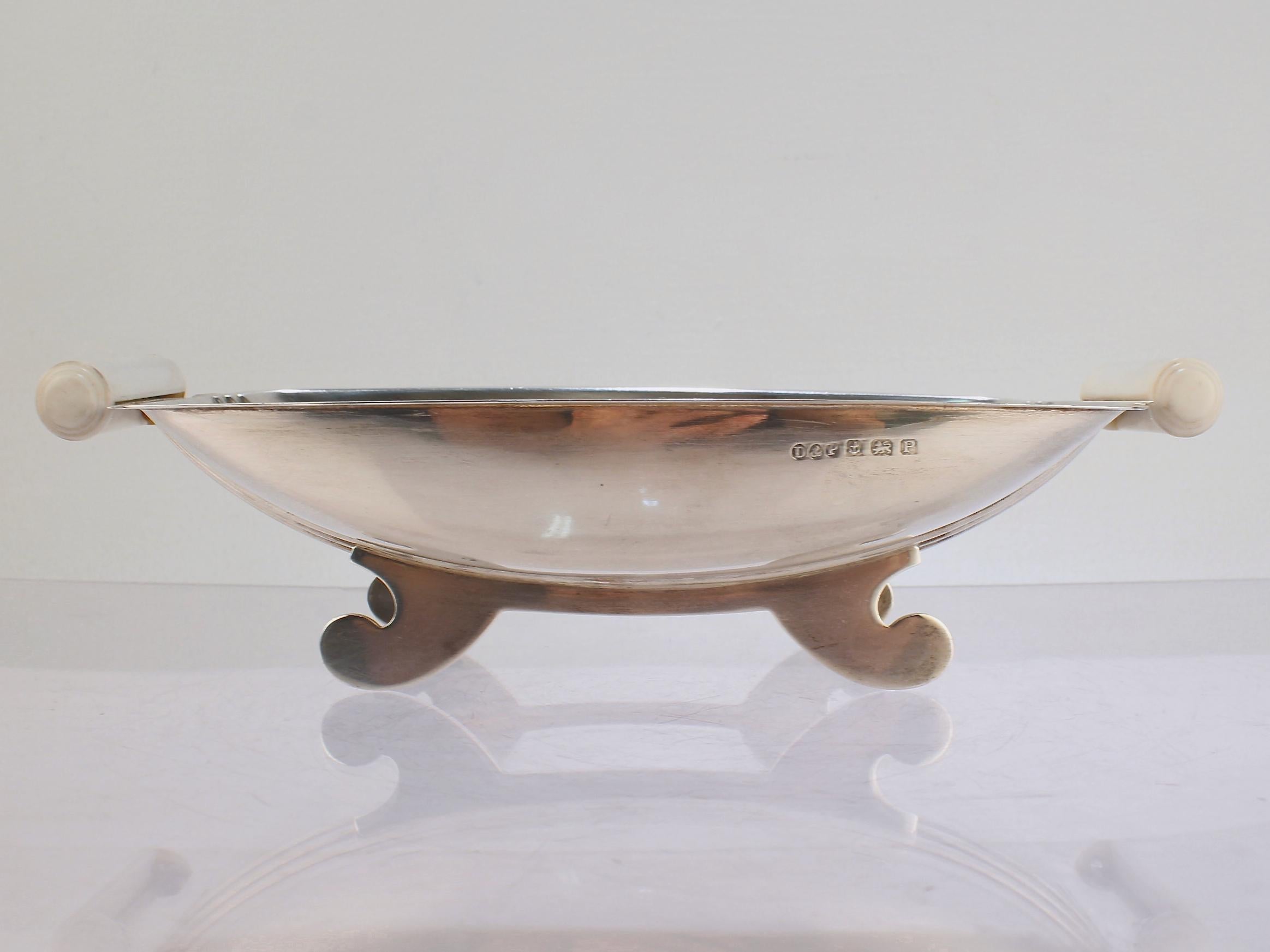 Antique Art Deco English Sterling Silver Footed Bowl with White Handles For Sale 1