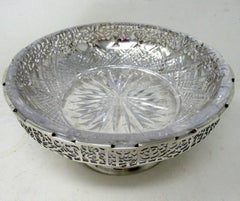 Antique Art Deco English Sterling Silver Fruit Bowl Centerpiece Cut Crystal 1924