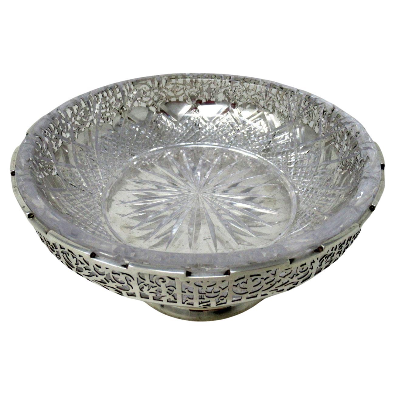 Antique Art Deco English Sterling Silver Fruit Bowl Centerpiece Cut Crystal 1924