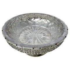 Antique Art Deco English Sterling Silver Fruit Bowl Centerpiece Cut Crystal 1924