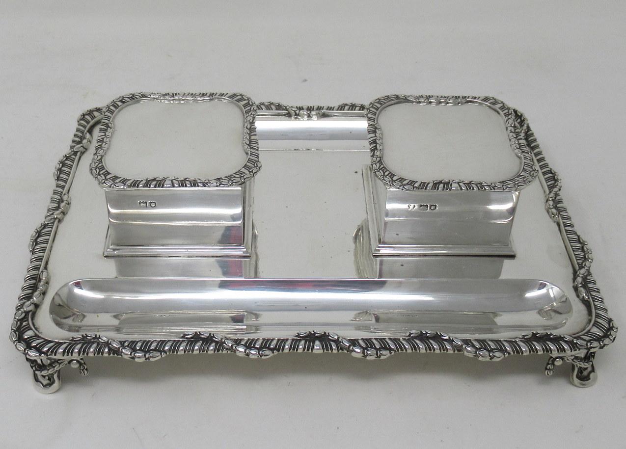 Antique Art Deco English Sterling Silver Ink Desk Inkstand Desk Set London, 1910 In Good Condition For Sale In Dublin, Ireland