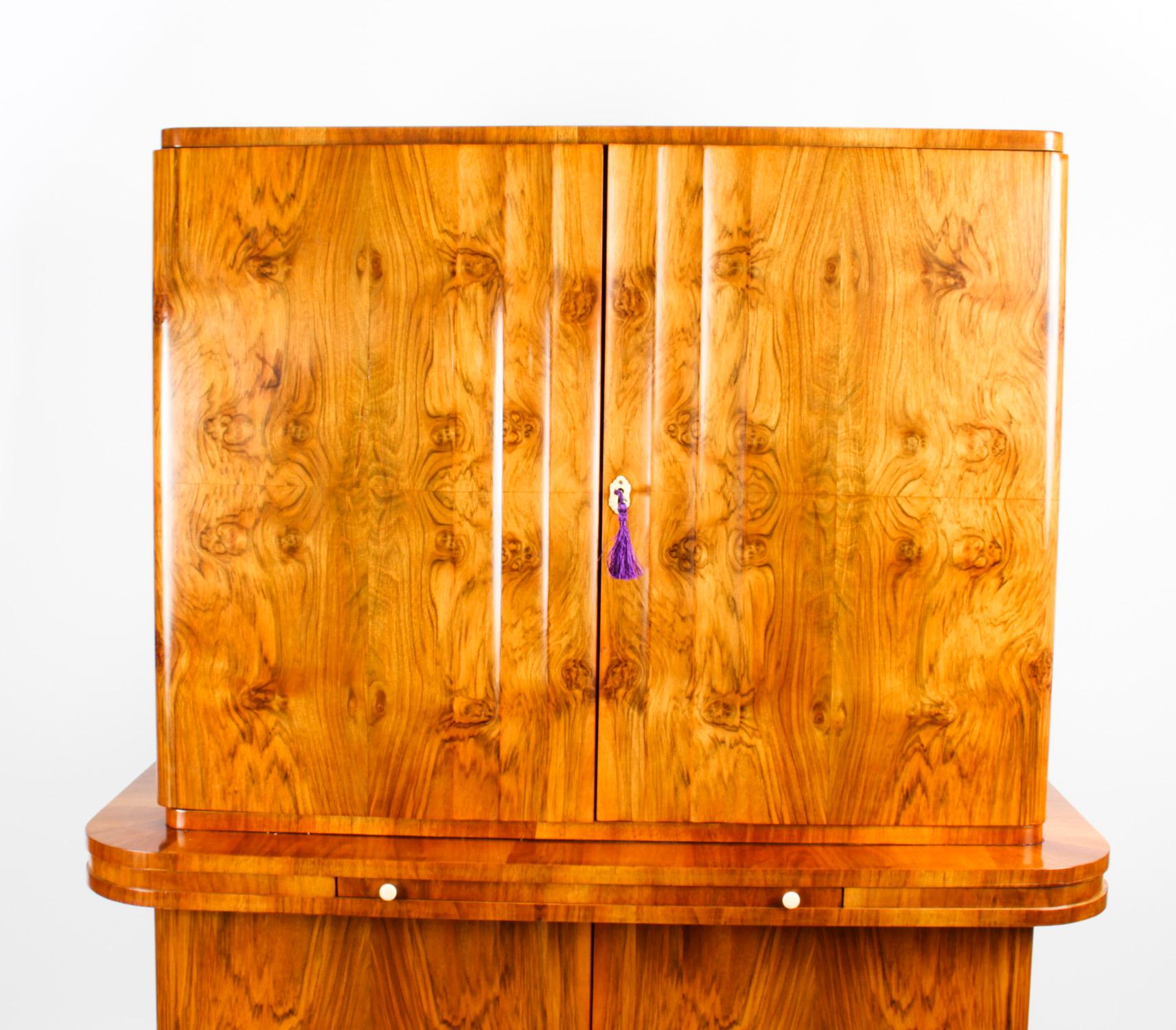 Antique Art Deco Epstein Burr Walnut Cocktail Cabinet Dry Bar 1920s In Good Condition In London, GB