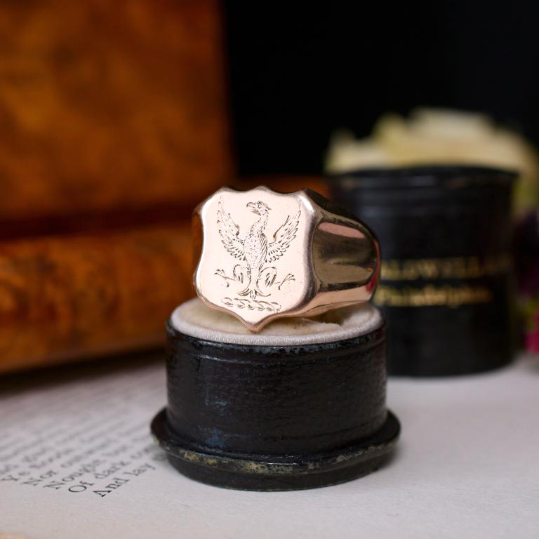 Antique Art Deco Era 18ct Rose Gold Heraldic Eagle Intaglio Ring Circa 1930’s 1