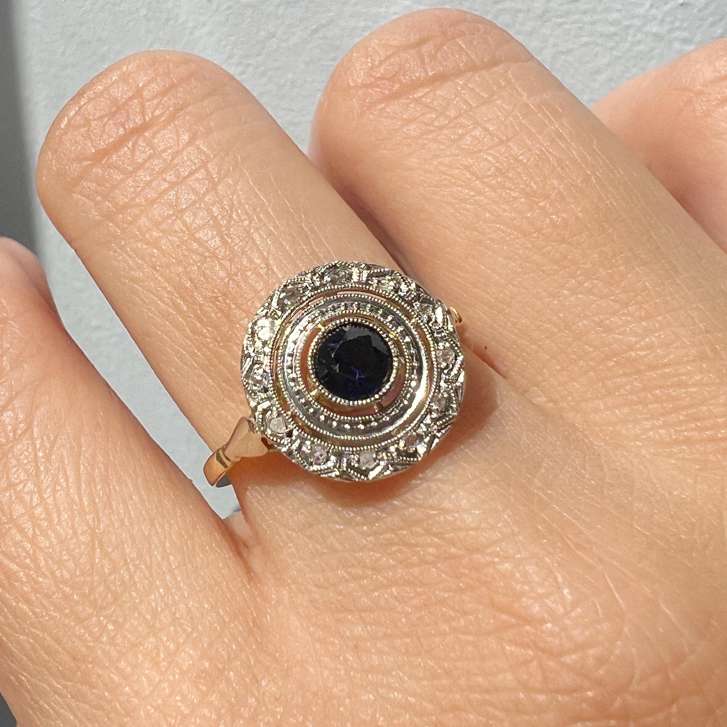 Rose Cut Antique Art Deco era 18K gold diamond blue sapphire ring