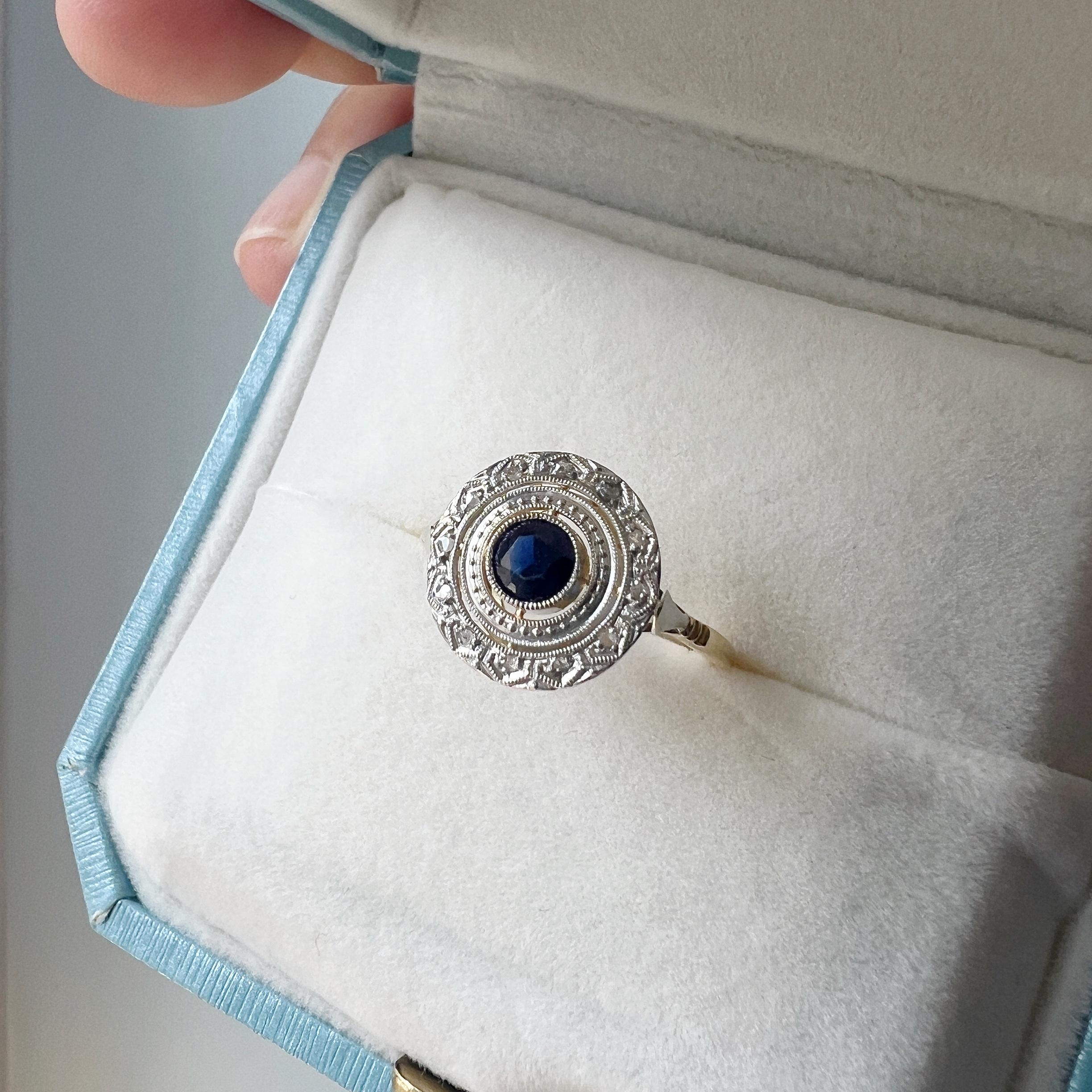 Women's Antique Art Deco era 18K gold diamond blue sapphire ring
