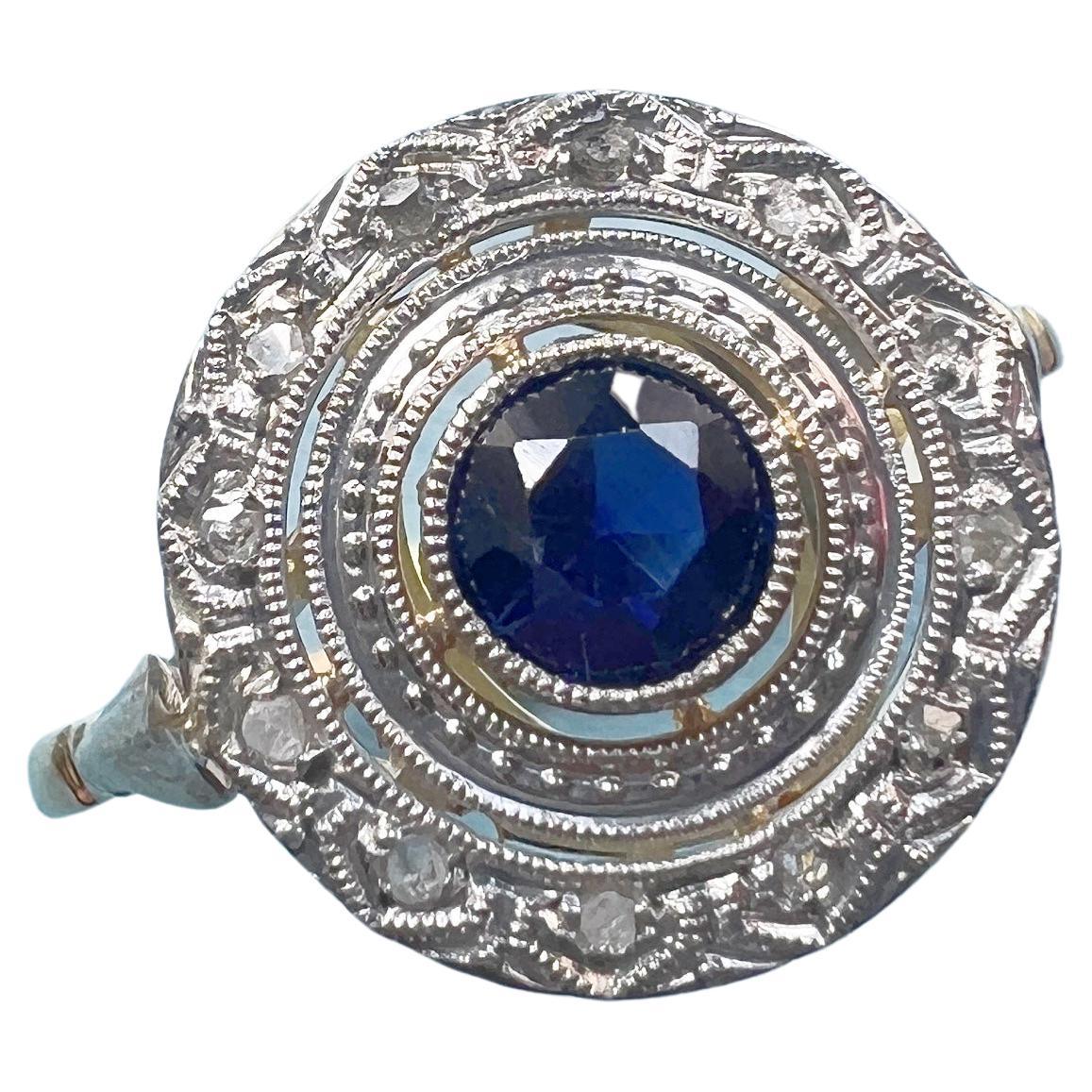 Antique Art Deco era 18K gold diamond blue sapphire ring