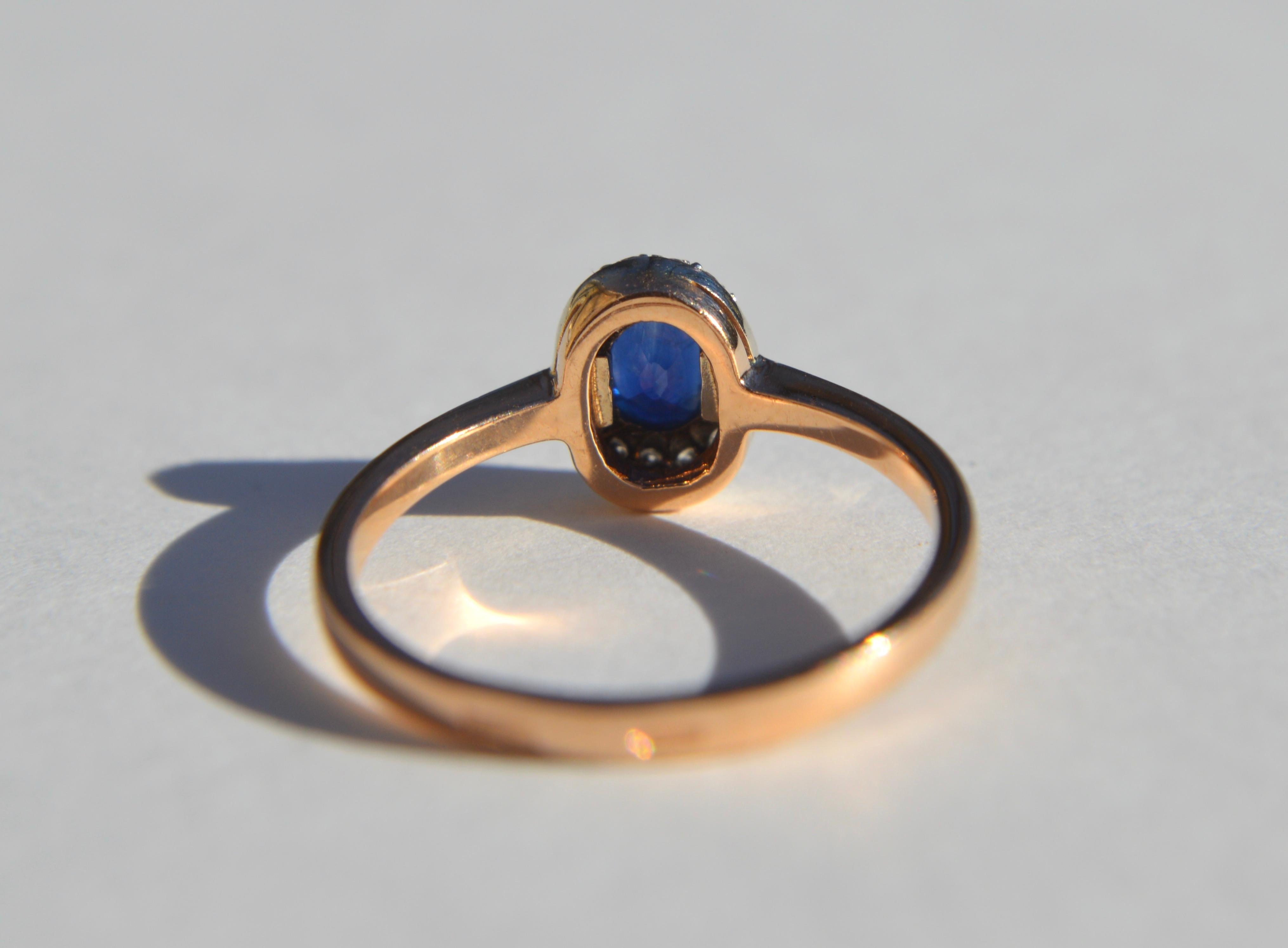 Women's Art Deco Era 1920s 14 Karat Rose Gold .35 Carat Sapphire Diamond Halo Ring For Sale