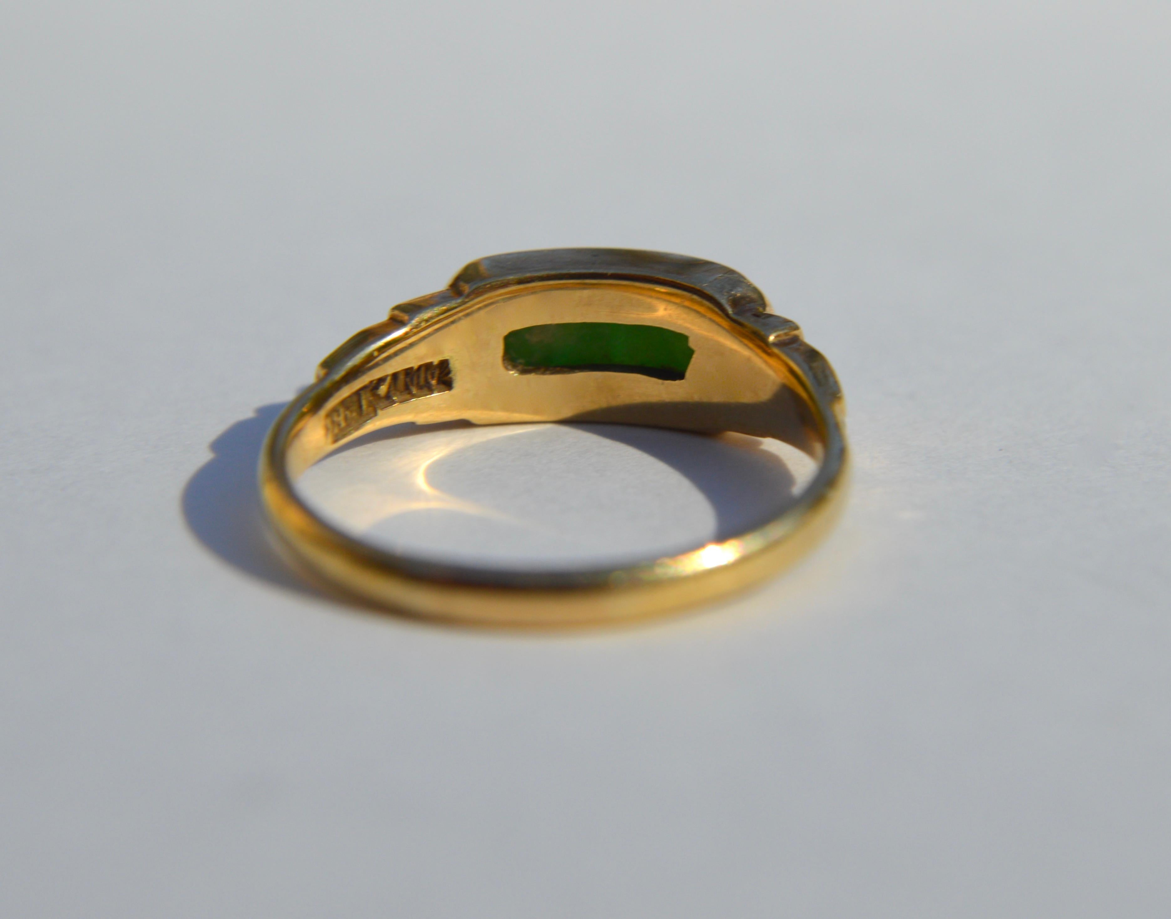 Women's Antique Art Deco Era 1920s Nephrite Jade 14 Karat Gold East West Signet Ring